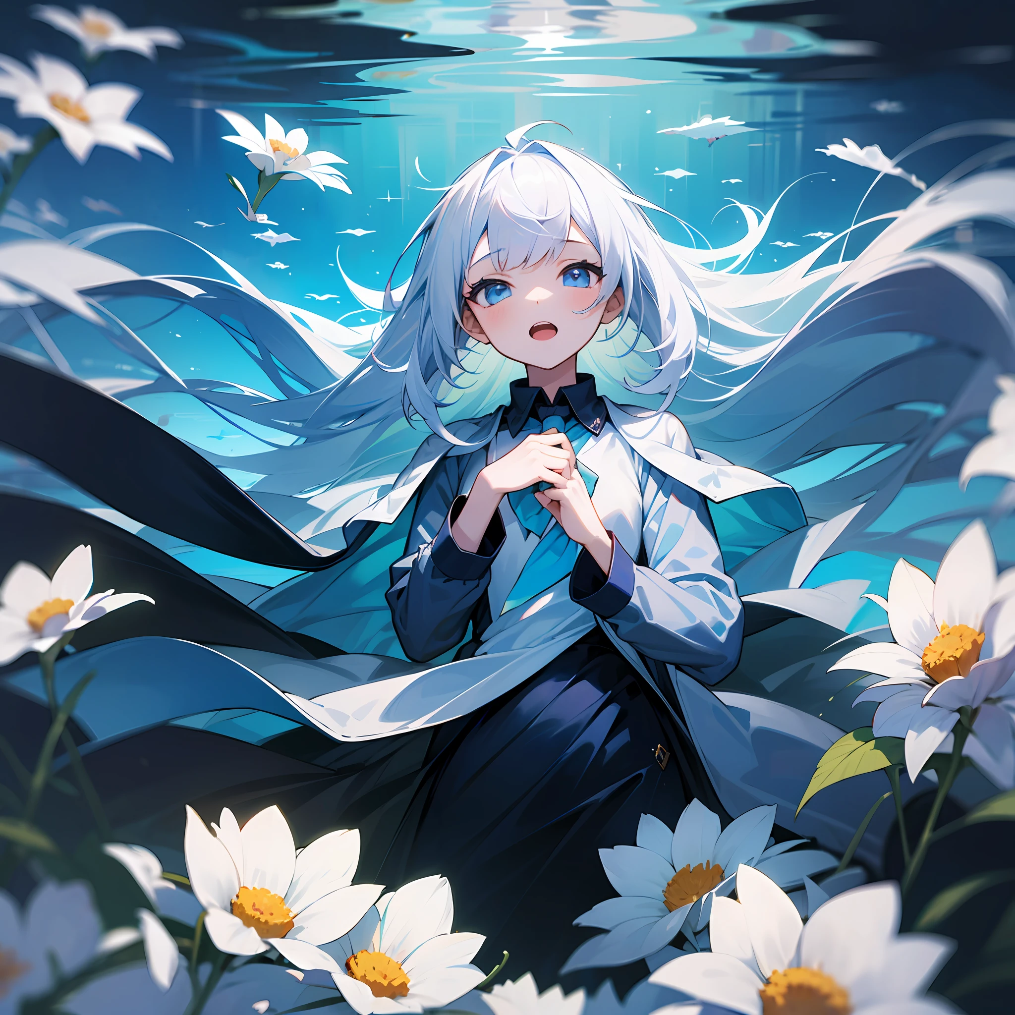 (tmasterpiece,HighestQuali)A young girl with white hair lies in a sea of flowers,blue color eyes,Half open mouth,adolable --auto