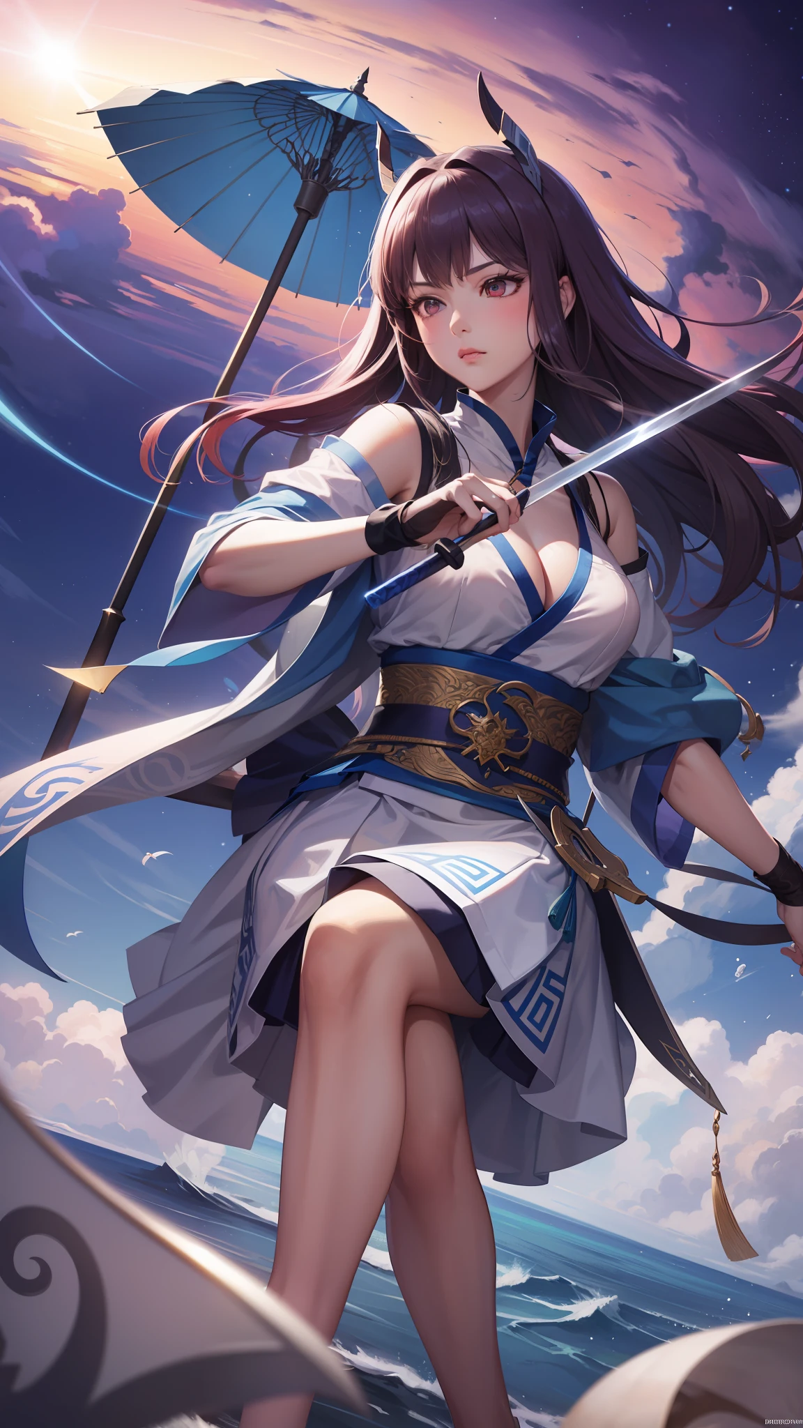a woman in a dress holding a blue umbrella and a sword, beautiful celestial mage, inspired by Wu Li, extremely detailed artgerm, inspired by Wu Bin, yun ling, inspired by Lan Ying, heise jinyao, by Yang J, portrait knights of zodiac girl, beautiful young wind spirit, irelia, inspired by Luo Mu, inspired by Ju Lian