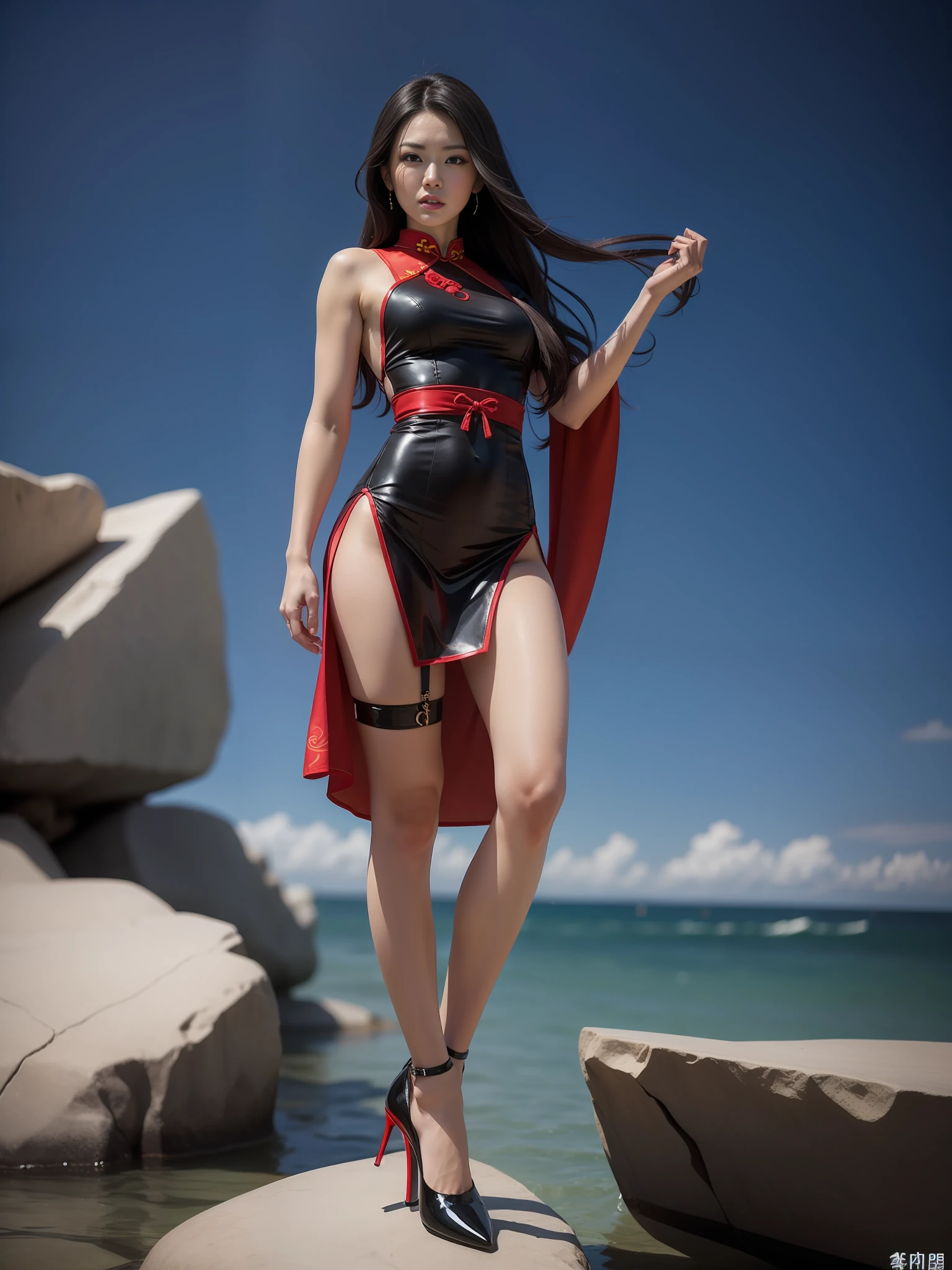 Woman in blue and red cheongsam standing on a rock by the sea, 《dragonball》Kiki in , posing ready for a fight, mai shiranui, elegant cinematic pose, fighting game character, character posing,Shawl hair,Black suspender stockings,Patent leather red soled high heels