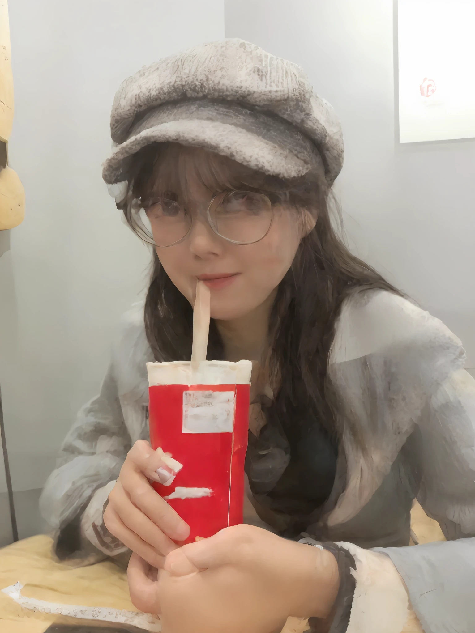 araffe drinking a drink from a red cup with a straw, with a straw, drink boba tea, Eating noodles, Li Zixin, chiho, yasumoto oka, eating ramen noodles, mukbang, straw, drink, ulzzangs, wearing thin large round glasses, With glasses, Yoshitomo Nara, gongbi