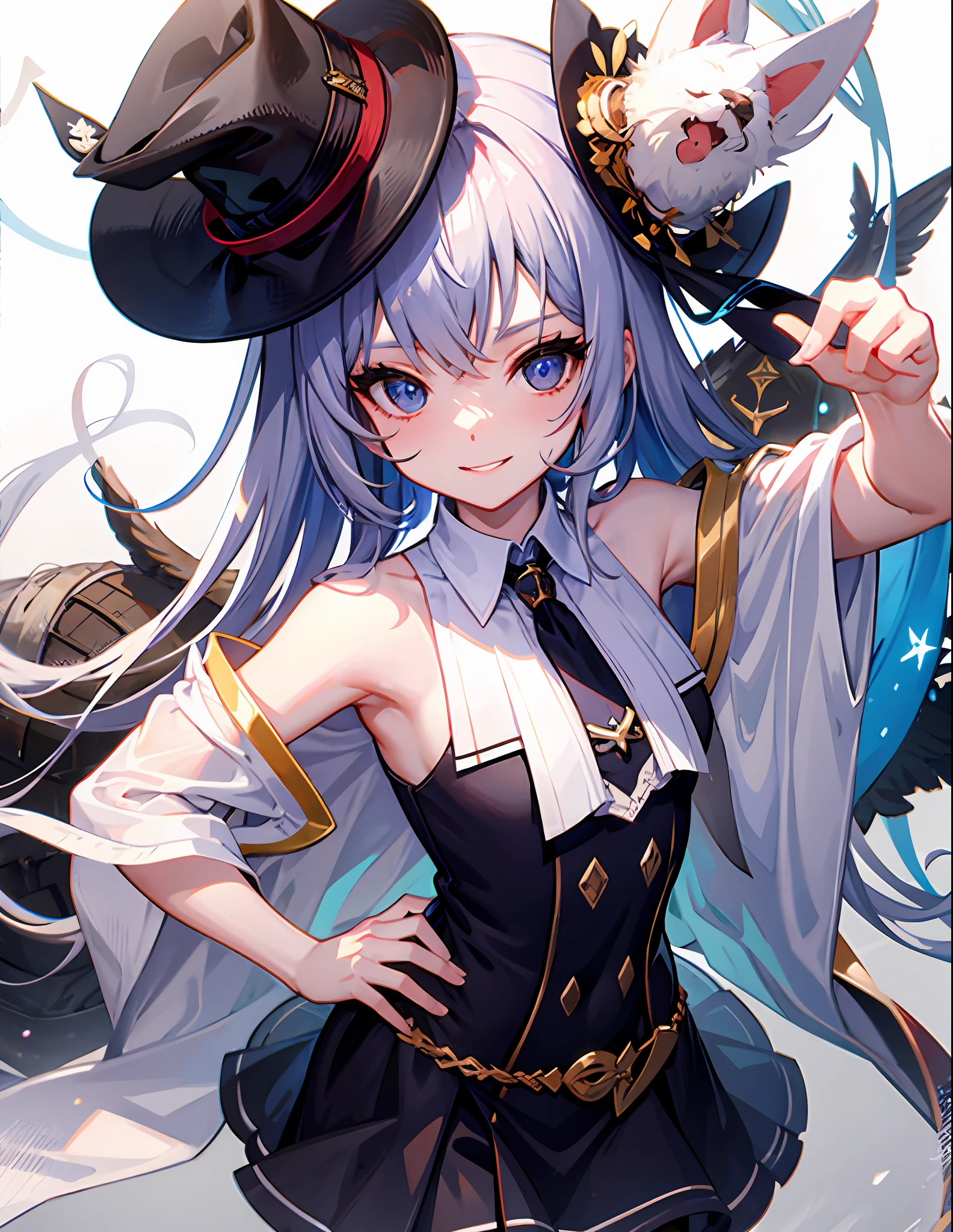 Art close-up of a girl in a hat and tie, visual novel sprite, Loli, small curvaceous loli, [[[[grinning evily]]]], roguish smirk, crisp clear rpg portrait, shadowverse style, A scene from the《azur lane》videogame, marisa kirisame, made in rpg maker