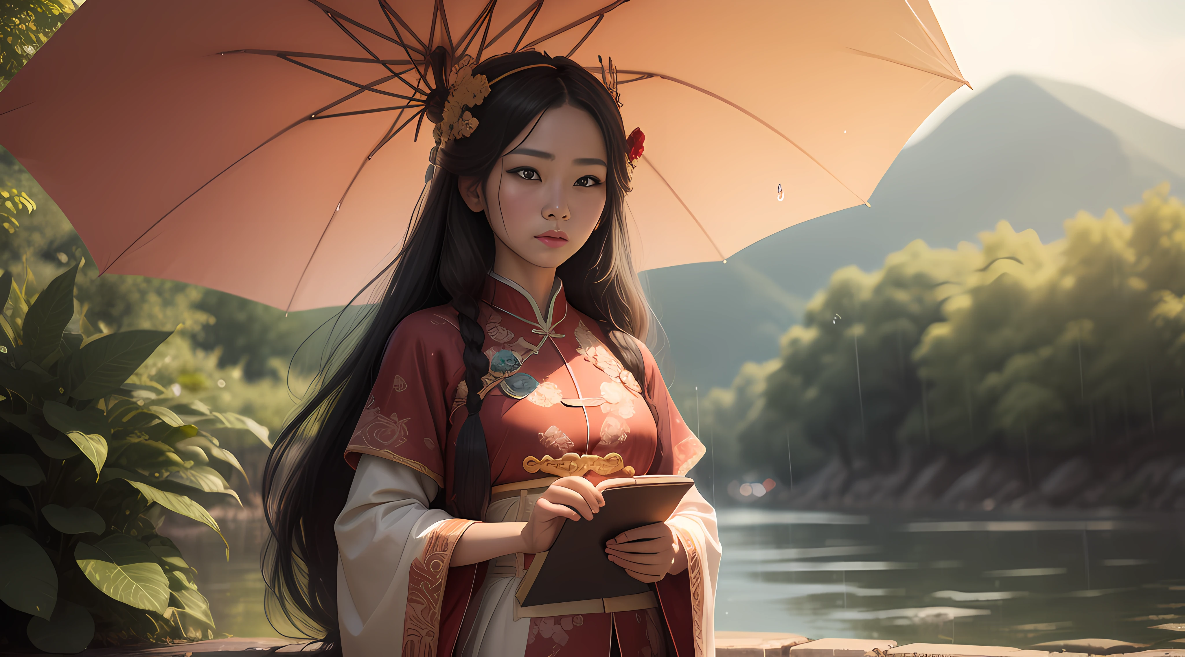 Tang dynasty beauty,Non-cartoon drawing,Long-haired beauty,Province,holding a umbrella,looking at book,rainy days,4K,The ultra -The high-definition --auto
