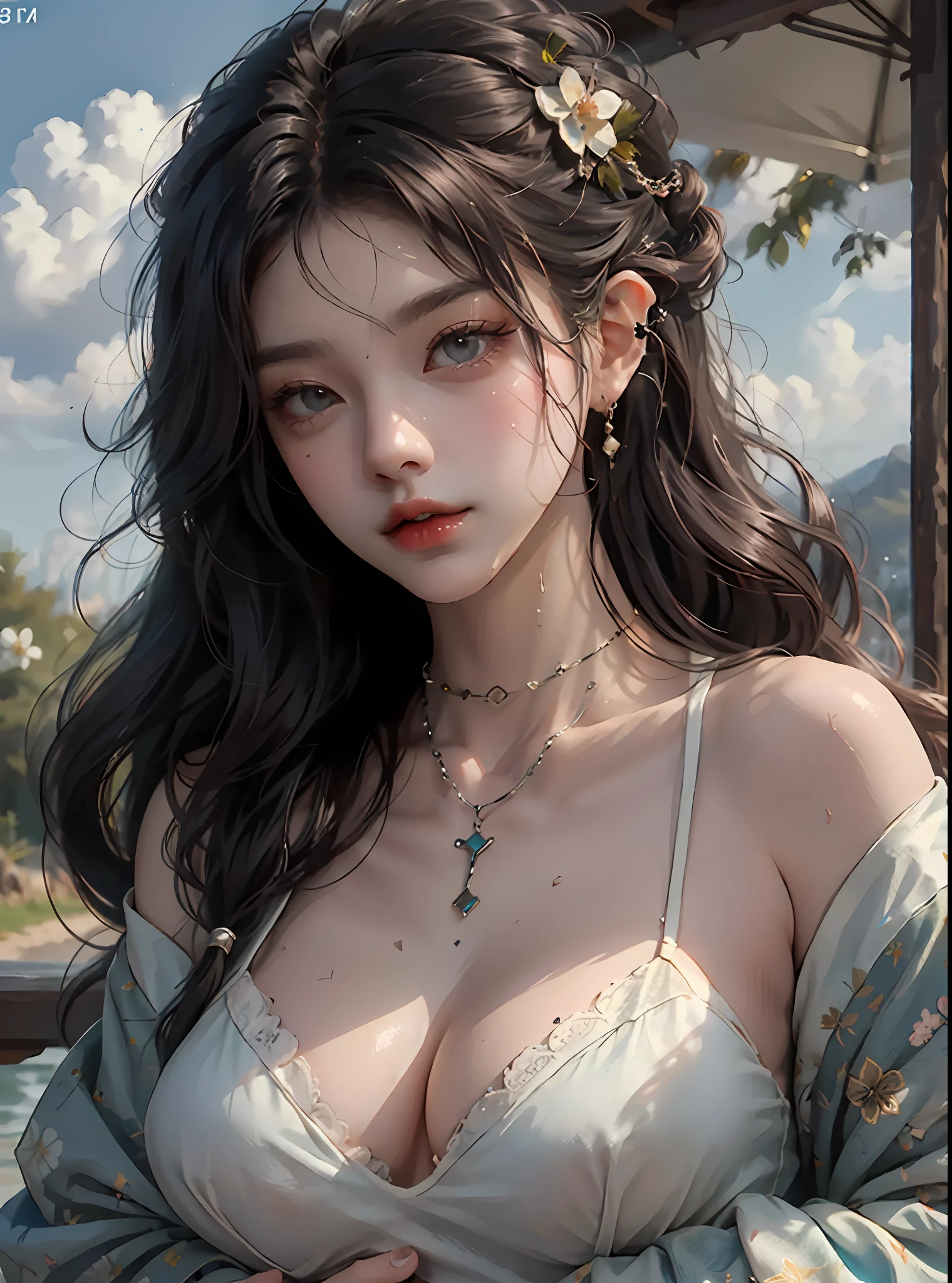 (Best Quality, 8k, 32k, Masterpiece, UHD:1.3), (Photo of Attractive Korean Woman), 1 Girl, (super huge Boobs:1.2), ( wavy white hair), Abs, Perfect Body, Ultra Detailed Face, Detailed Lips, Lust Eyes, double eyelids, on the grass, (seductive), ((aroused:1.5)), ((areolae slip)), Full body, black sheer lingerie, elf, black sheer underwear, lace nightdress, wave white hair, japanese goddess, lying on her back, gorgeous maid, beautiful asian girl, korean girl, japanese model, japanese, asian girl, sexy girl, asian, sakimichan, korean woman, seductive, lovely woman, captivating and enticing, (RAW photo: 1.2), top quality, beautiful detailed girl, from below, bob, highly detailed eyes and face, beautiful detailed eyes, huge file size, high resolution, 8k wallpaper, fine detail, highly detailed ticker uniform 8k wallpaper, light on face, movie lighting, 18 year old girl, sexy pose, (photorealism: 1.4), illustration, Super detail, masterpiece, shy look, shy, lewd,very big tits,very huge boobs, (super huge Boobs:1.3), double breasts, seductive, wet skin, necklace, earings, sexy, bare shoulders, bare waist, bare thighs, bare breast, flowers on hair, in the forest