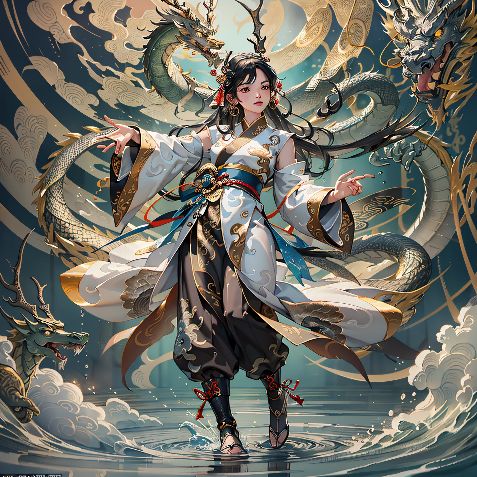 ((Light oriental style) | (Oriental landscape) | (Dragon Soaring Sky) | (Fly with agility)),Dance,腾云驾雾,(a dragon)Relaxed, (High wear red:1.2+High in black|Wear white|Wear Tsing Yi:1.1),(long hair:1.2+short hair:1.1),(green eyes:1.2+yellow eyes:1.1),(It's ethereal)Personable,(Detailed depiction)Delicate portrayal,(water ink:1.2+aquarelle|Traditional chinese painting|Flat drawing),(Transparency:1.2+Hyper-realistic|Silver shining:1.1),(Large scale bokeh)Depth of field detail,(Environment settings)A sea of clouds and a long sky,(beginning of autumn:1.2+springtime|夏天|Winters|the night:1.1),(Dragon pattern:1.5)Button/arms cuffs/belt around waist。