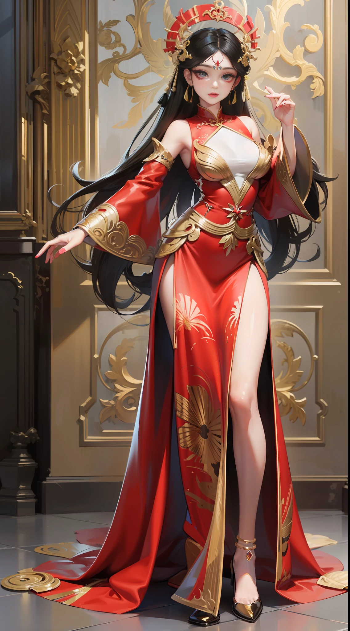 full body picture Unreal Engine 5 8K UHD of beautiful female, red Vietnamese dress, goddess, red heels, long black hair gold accessories, lovely face, beautiful make up, best quality, masterpiece