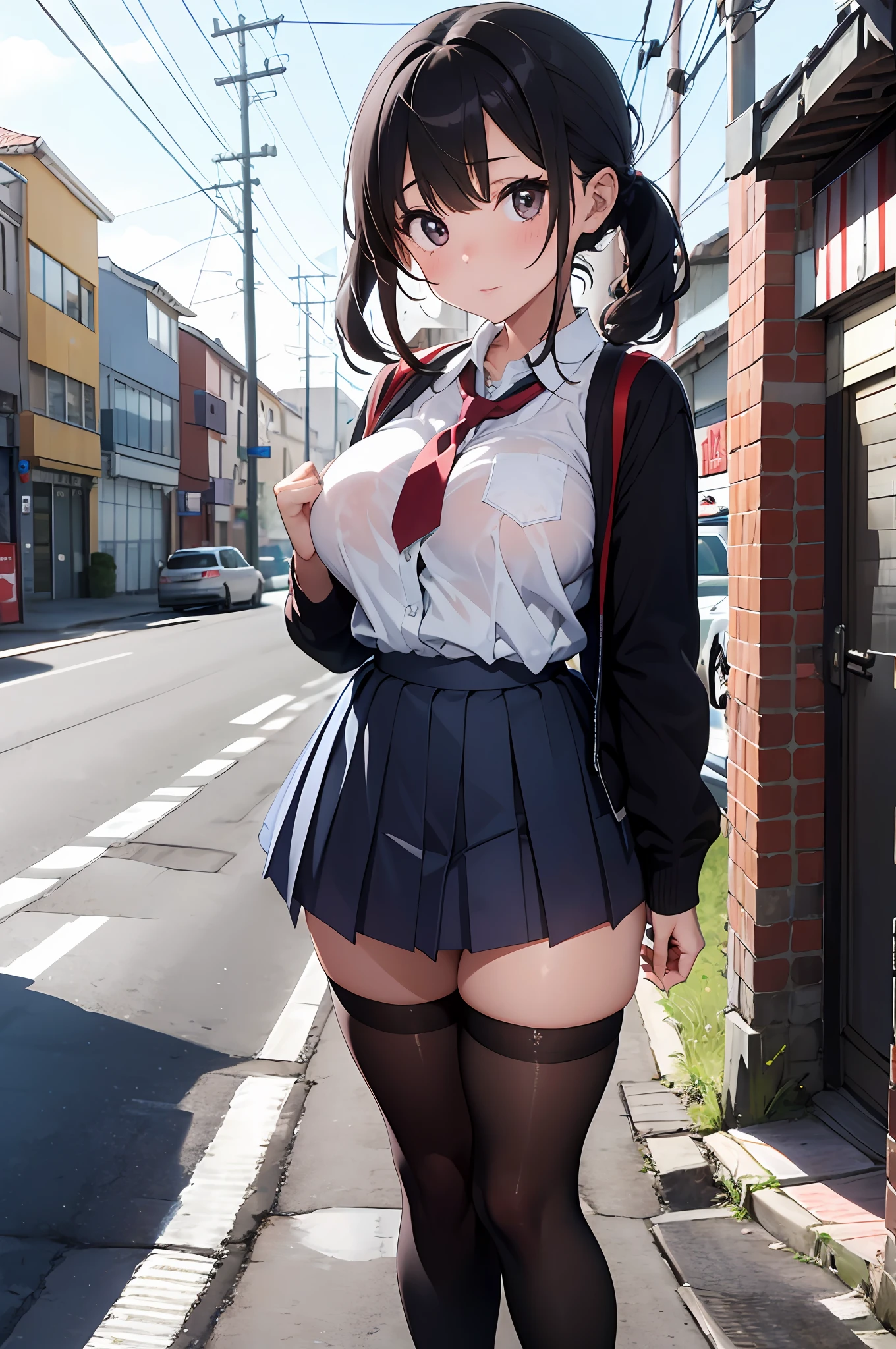 1 girl, schoolgirl, random pose, ramdom angle, leg wide open, she must have big areola, big breast. please make her like typically japanese schoolgirl, wearing white blouse, micro pleated skirt, And red micro panty, loafers, and important part is ( Black Thigh high socks). please make white liquid drip on her body (Very Important), white slime drip on socks