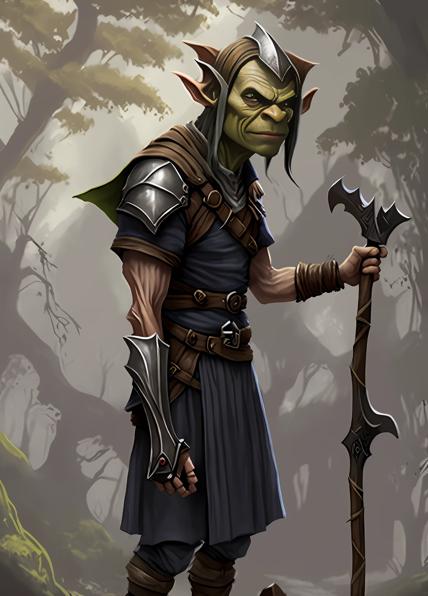 there is a man in a costume holding a stick, goblin male portrait, goblin man dnd character, medium portrait of a goblin, d&d goblin warrior , portrait of a goblin, a portrait , goblin art, portrait of a slender elven man, half orc , portrait of an elf, attractive tiefling warior, leather armor, axe on hand, shield on hand,