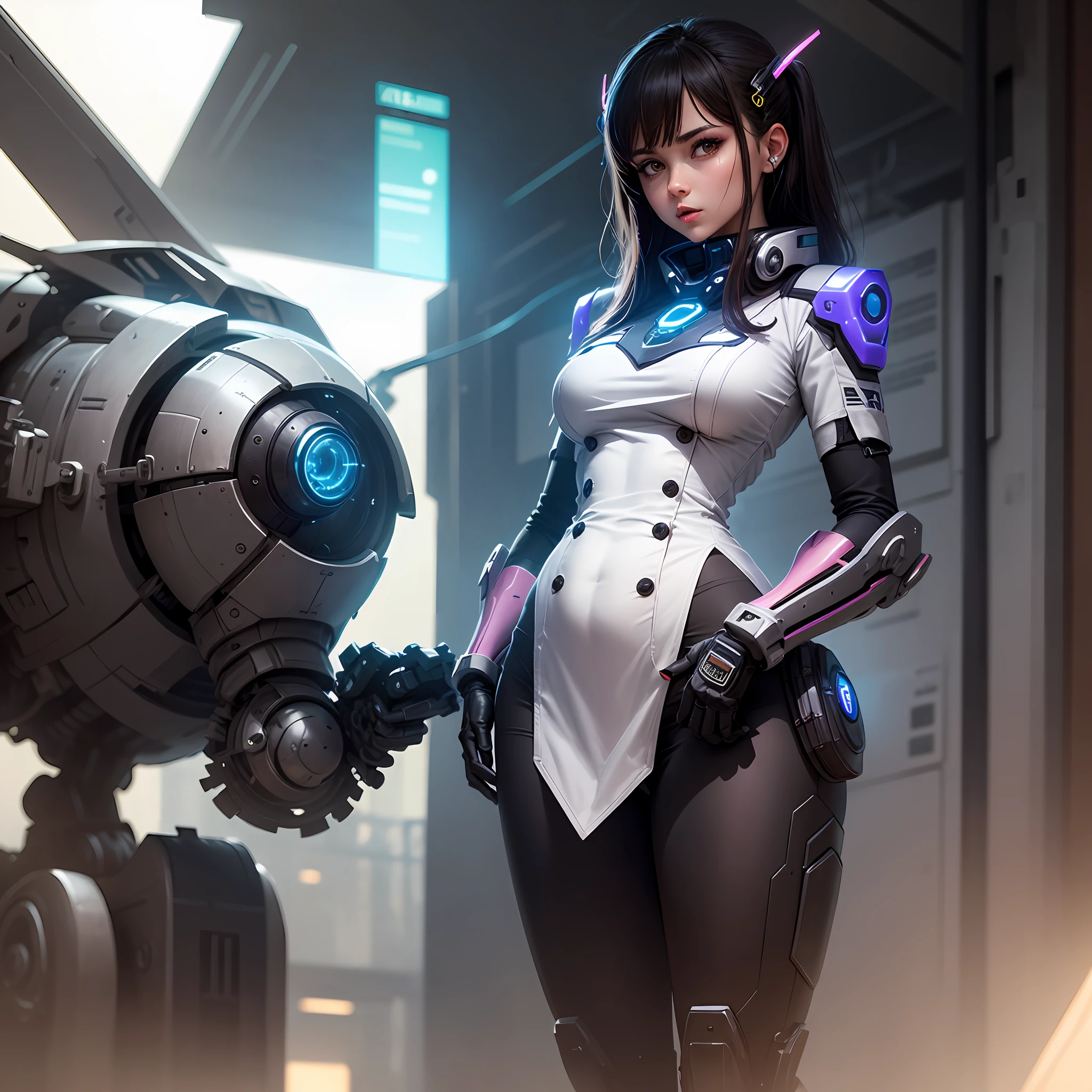 A cyber-big-breasted girl stood in front of the mech