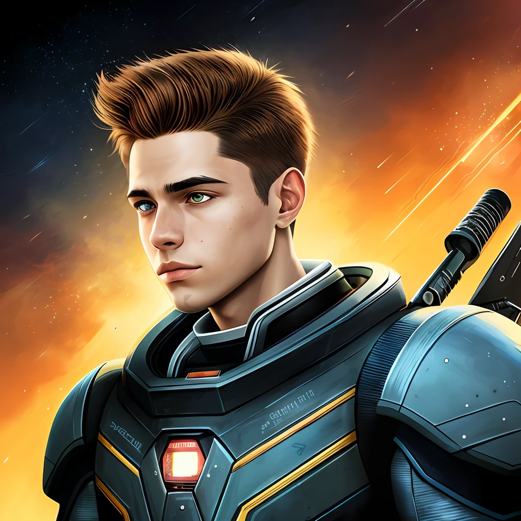 masterpiece, best quality, realistic, ultra detailed, sfw, head shot, a portrait of a young man, starsector, sci-fi style suits, hight-tech gadgets, head facing right,