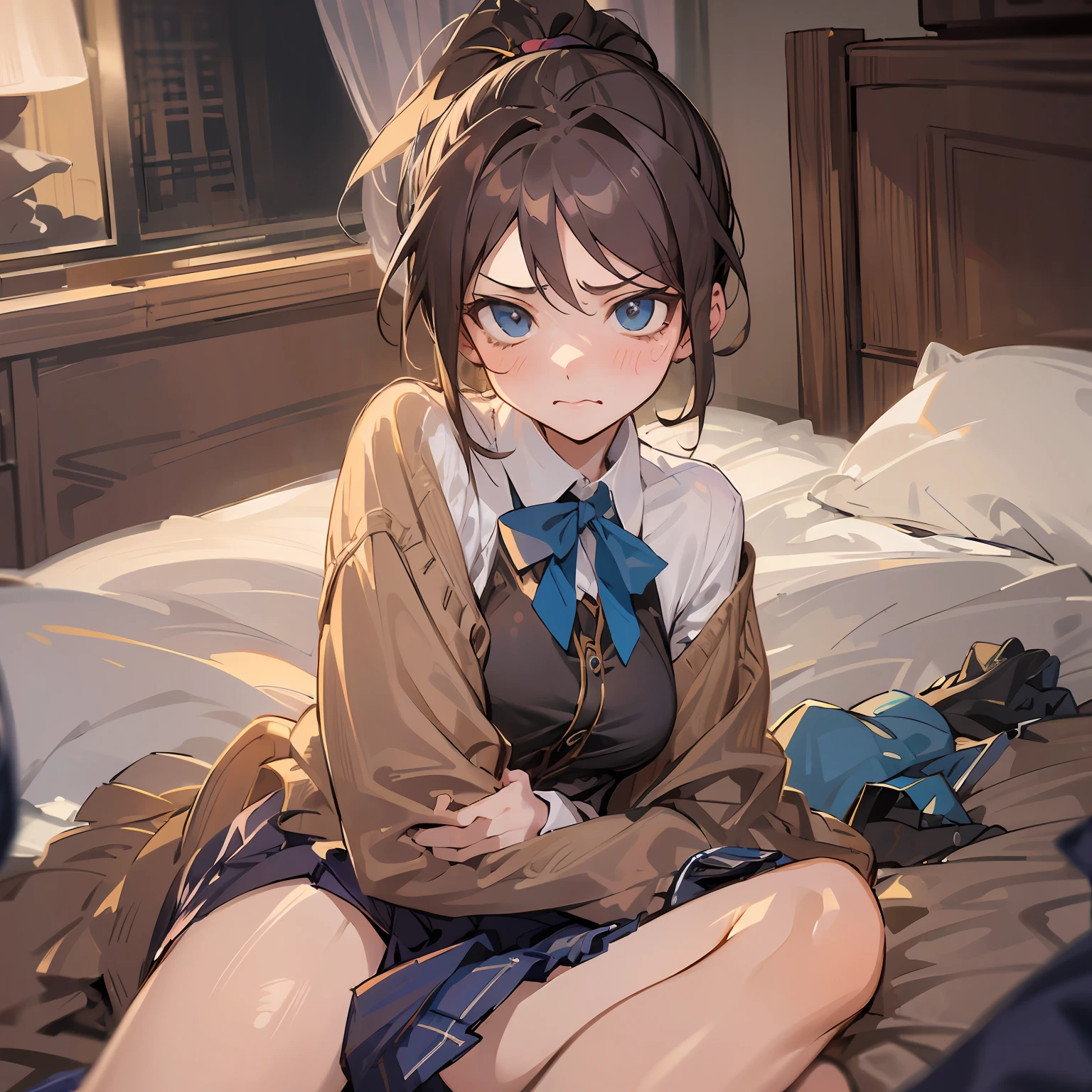 schoolgirls,High ponytail,Pure and sexy,Campus style,Bedrooms,In front of the bed,clothes are disheveled,Unhappy --auto