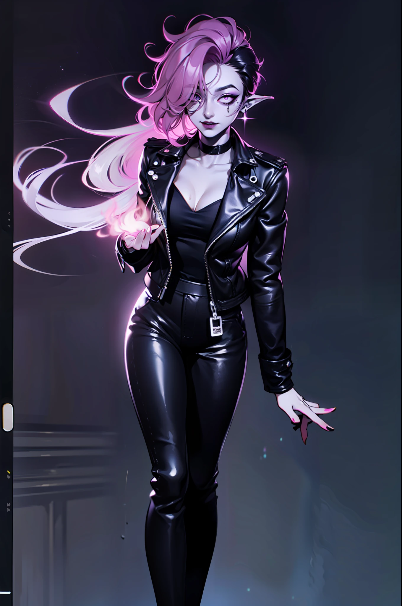(ultra-detailed CG unity 8k wallpaper, Masterpiece, Best Quality, many intricate details),(Dark background, demonic reference),(1girl, Demon, dark skin, pale eyes, shaved temples, muscled body, leather jacket),(独奏),(femininity, Beautiful facial features, dark makeup, nose with a hump), one girls, standing with a cigarette, Dark background, purple lighting, burning empty eyes, Detailed Face, many details, detailled eyes