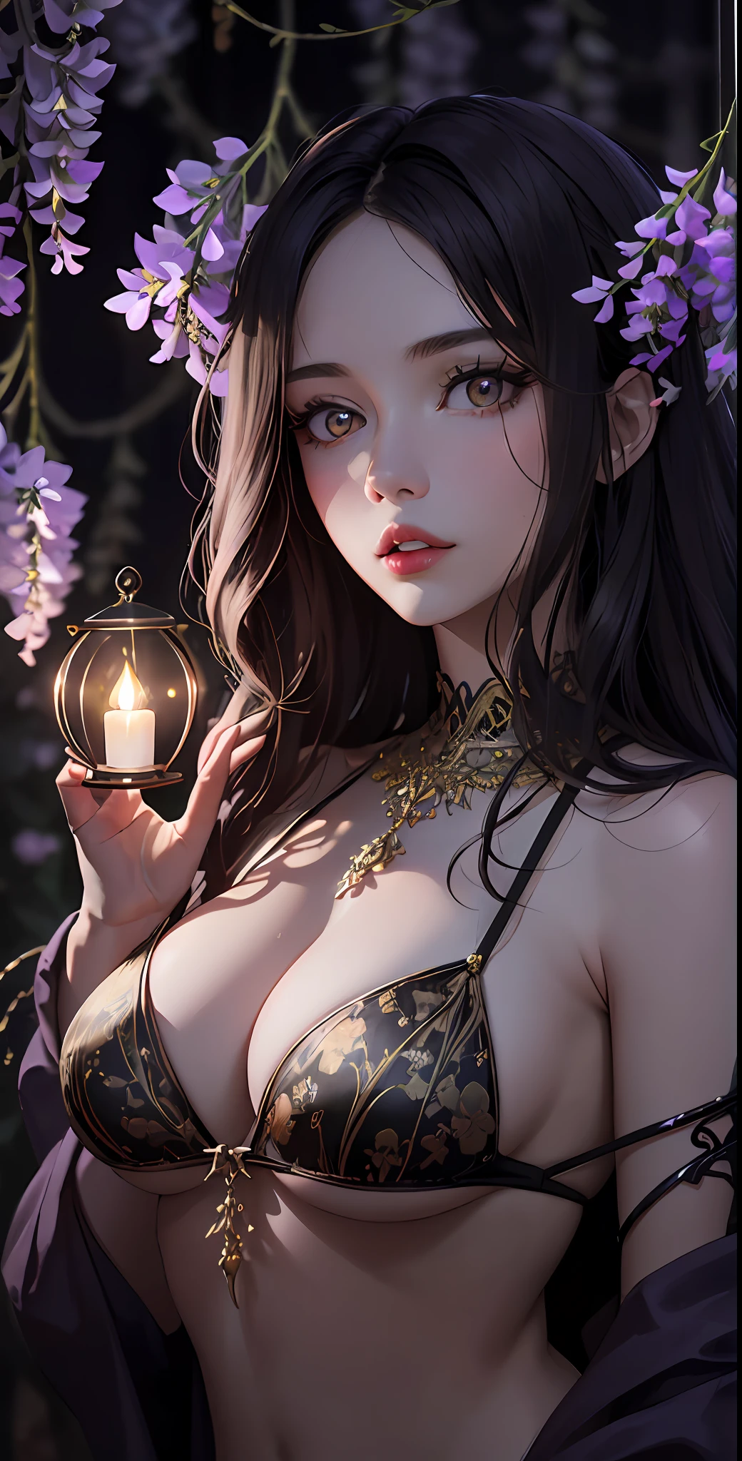 An intricate and stunning latern with glowing lights, delicately patterned metal, and vibrant colors on a dark background. Nighttime cityscape surroundings, gentle mist, and a hint of mystical ambiance.1girl,alraune, flower,large breasts, navel,black_hair,wisteria, parted lips,white bikini,
