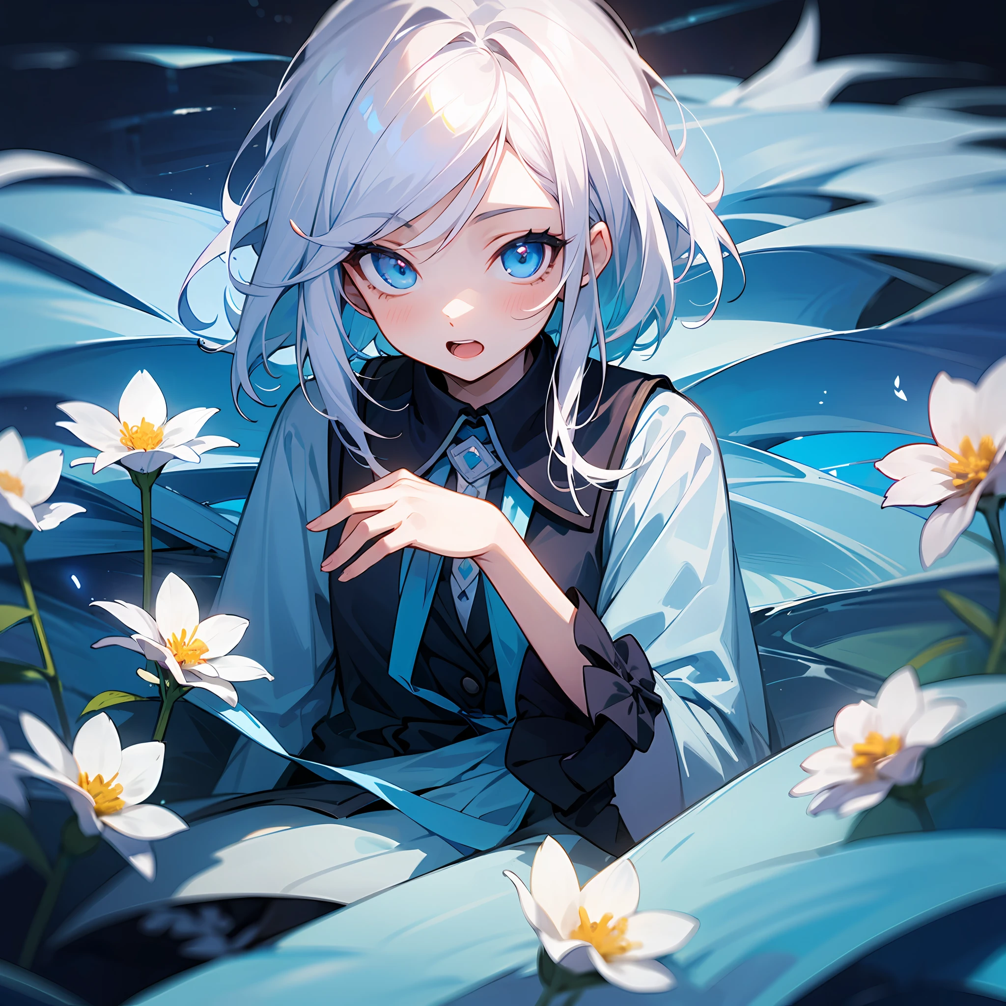 (tmasterpiece,HighestQuali)A young girl with white hair lies in a sea of flowers,blue color eyes,Half open mouth,adolable --auto