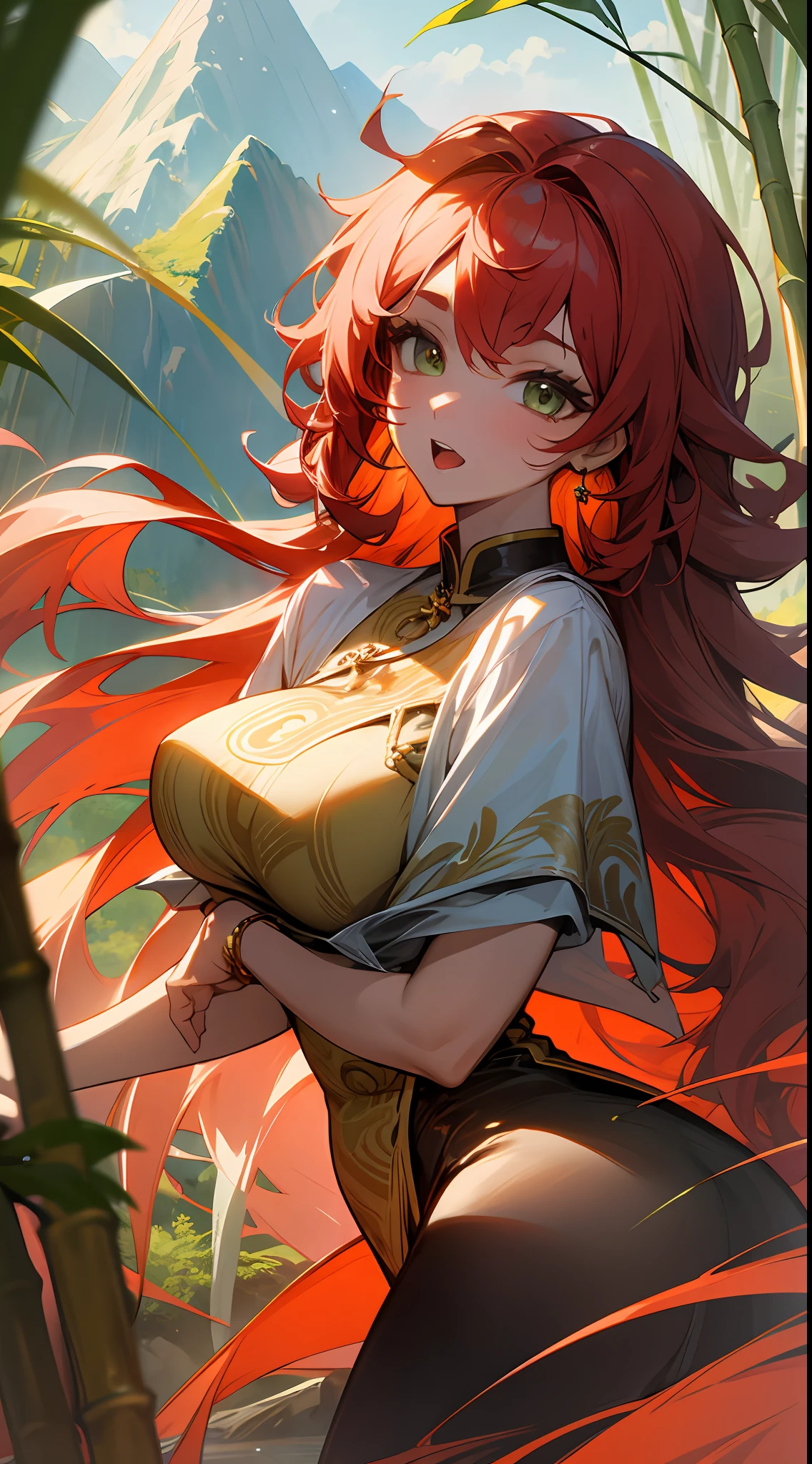 “（（tmasterpiece））），best qualtiy，ultra detali，high resolution 8k CG wallpaper，Amazing，Exquisite and beautiful illustrations，dynamic angle，dynamicposes，（1个Giant Breast Girl），greeneyes，red tinted hair+luminous hair：1.3 +curlies：1.2 +extra very long hair+Perfect hair：1.3 +Ultra-detailed hair：1.3），oral sexy，Neck gemstones，beauitful face，（Fantasy Peaks，sun setting，Mountain landscape，bamboos，Large bamboo forest，Golden reflections on leaves，on cheongsam，Metal jewelry，Towering canyon in the distance，Shade