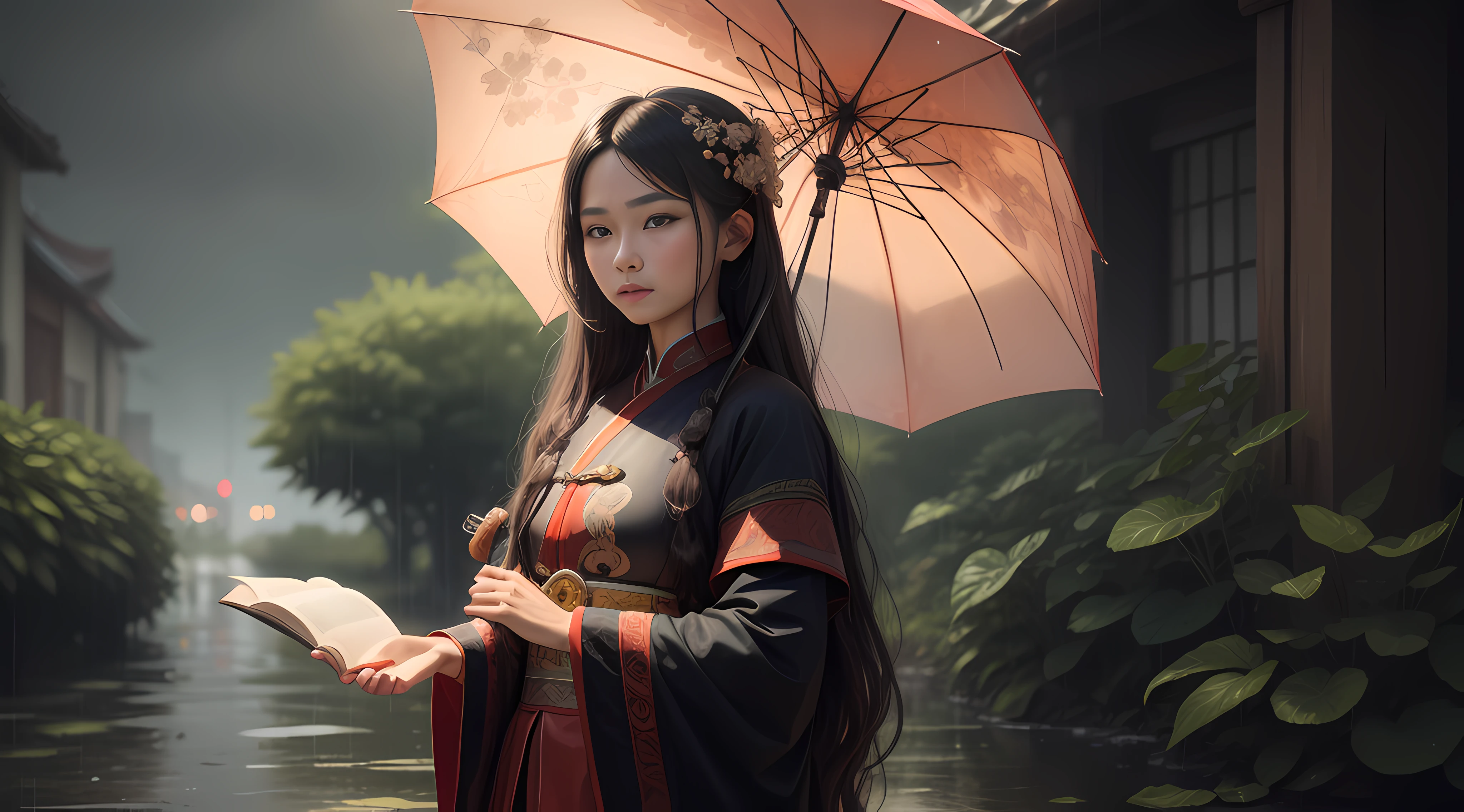 Tang dynasty beauty,Non-cartoon drawing,Long-haired beauty,Province,holding a umbrella,looking at book,rainy days,4K,The ultra -The high-definition --auto