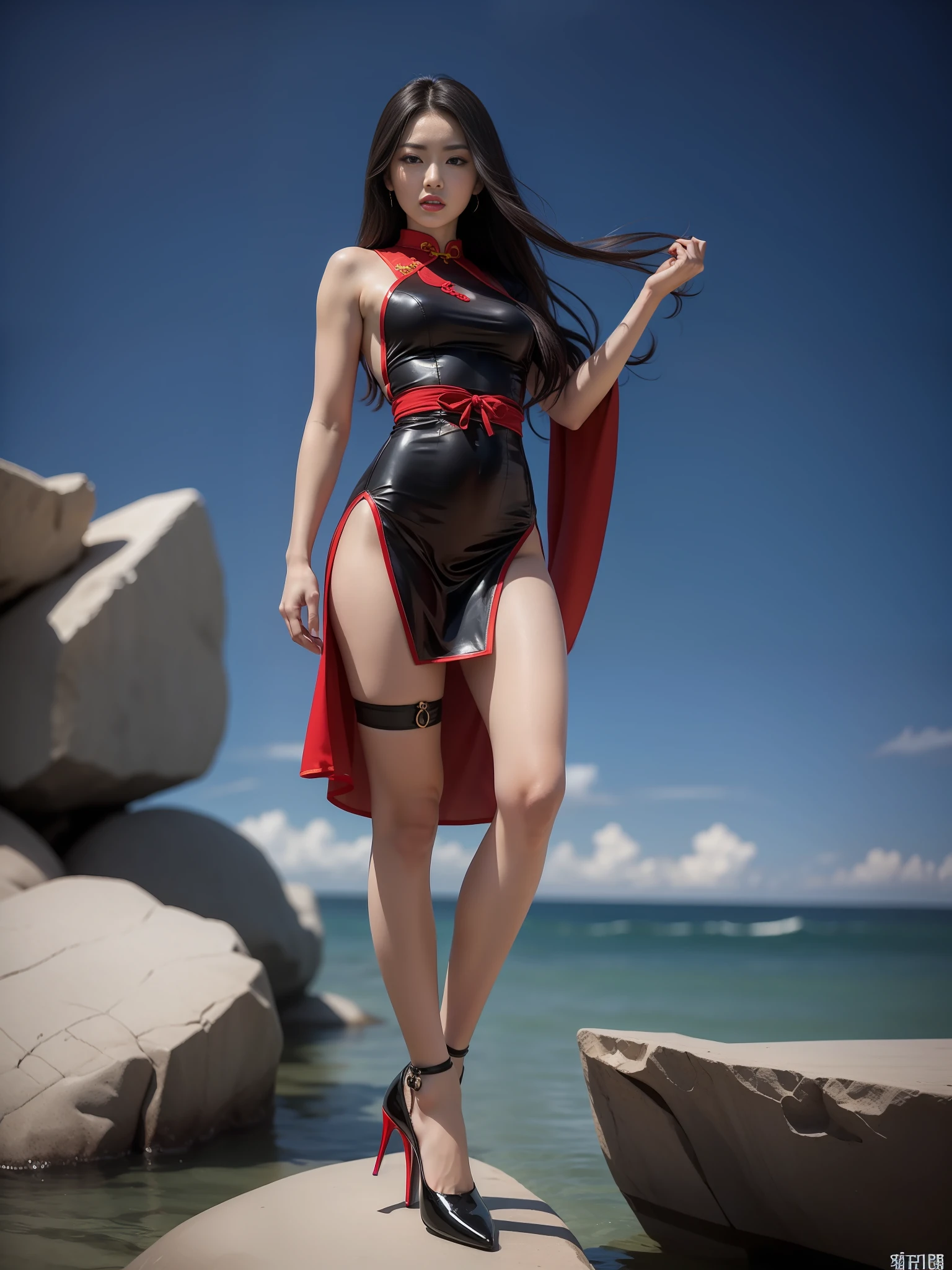 Woman in blue and red cheongsam standing on a rock by the sea, 《dragonball》Kiki in ， posing ready for a fight, mai shiranui, elegant cinematic pose, fighting game character, character posing，Shawl hair，Black suspender stockings，Patent leather red soled high heels