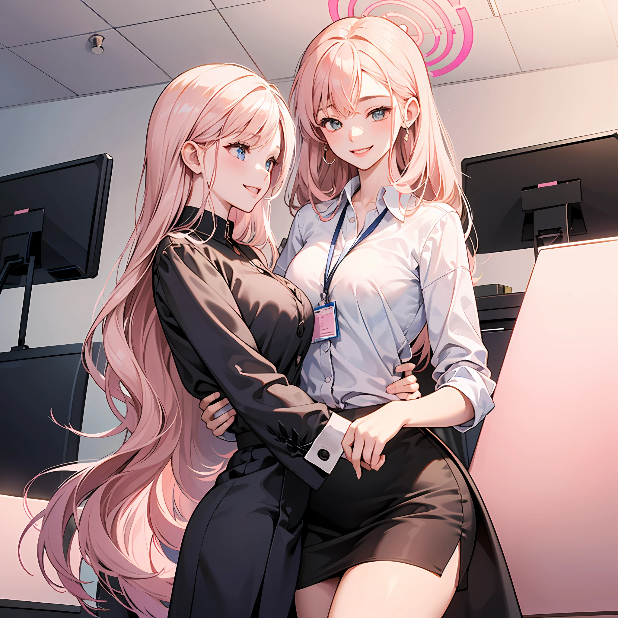((masterpiece, best)),(1girl),((mature woman)), light pink hair, dizzy, trumpet, ((office lady)), bangs, mid-chest, (full), slim, smiling, [wide hips] , office, standing, aru \(blue archive\), --auto