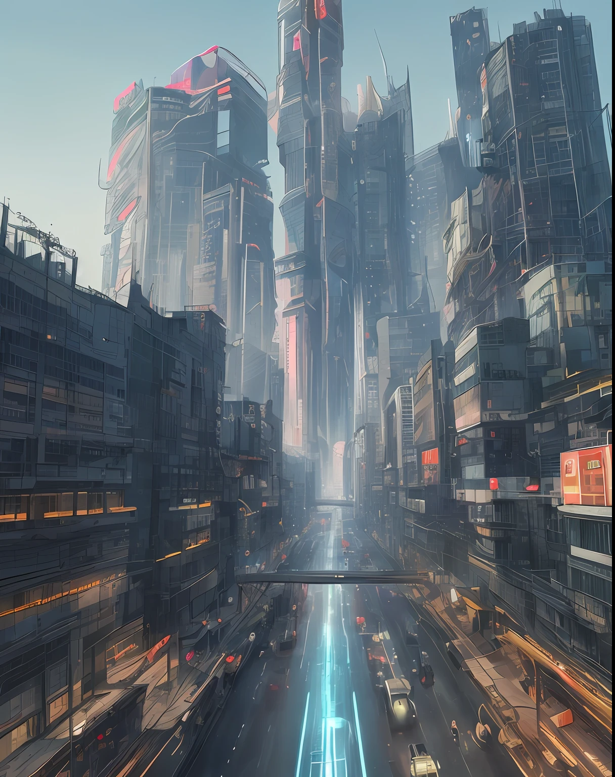 cyberpunk city, A futuristic cityscape with elements of sci-fi and Wes Anderson's signature style. The image has a 16:9 aspect ratio and is captured in a symmetrical, high-saturation design style.
The city is rendered in a bright, bold color palette, with pops of neon pink and vivid blue contrasting against a deep, rich black background. The buildings are tall and sleek, with clean lines and sharp angles that echo the futuristic aesthetic of sci-fi films.
The city is bustling with activity, with futuristic cars soaring through the sky and robots moving about their tasks, while citizens navigate the busy sidewalks below. The scene is full of life and energy, with the futuristic architecture creating an almost surreal, dreamlike atmosphere.
Wes Anderson's signature style is evident in the symmetrical composition and carefully balanced design of the image. Every element is perfectly placed to create a sense of harmony and unity, while at the same time, the futuristic elements of the scene create an atmosphere of excitement and possibility.
The image is a striking representation of a possible future world that combines the imaginative elements of sci-fi with the eclectic, offbeat style of Wes Anderson, producing a symmetrical, colorful, and exciting scene that is both awe-inspiring and inspiring.
