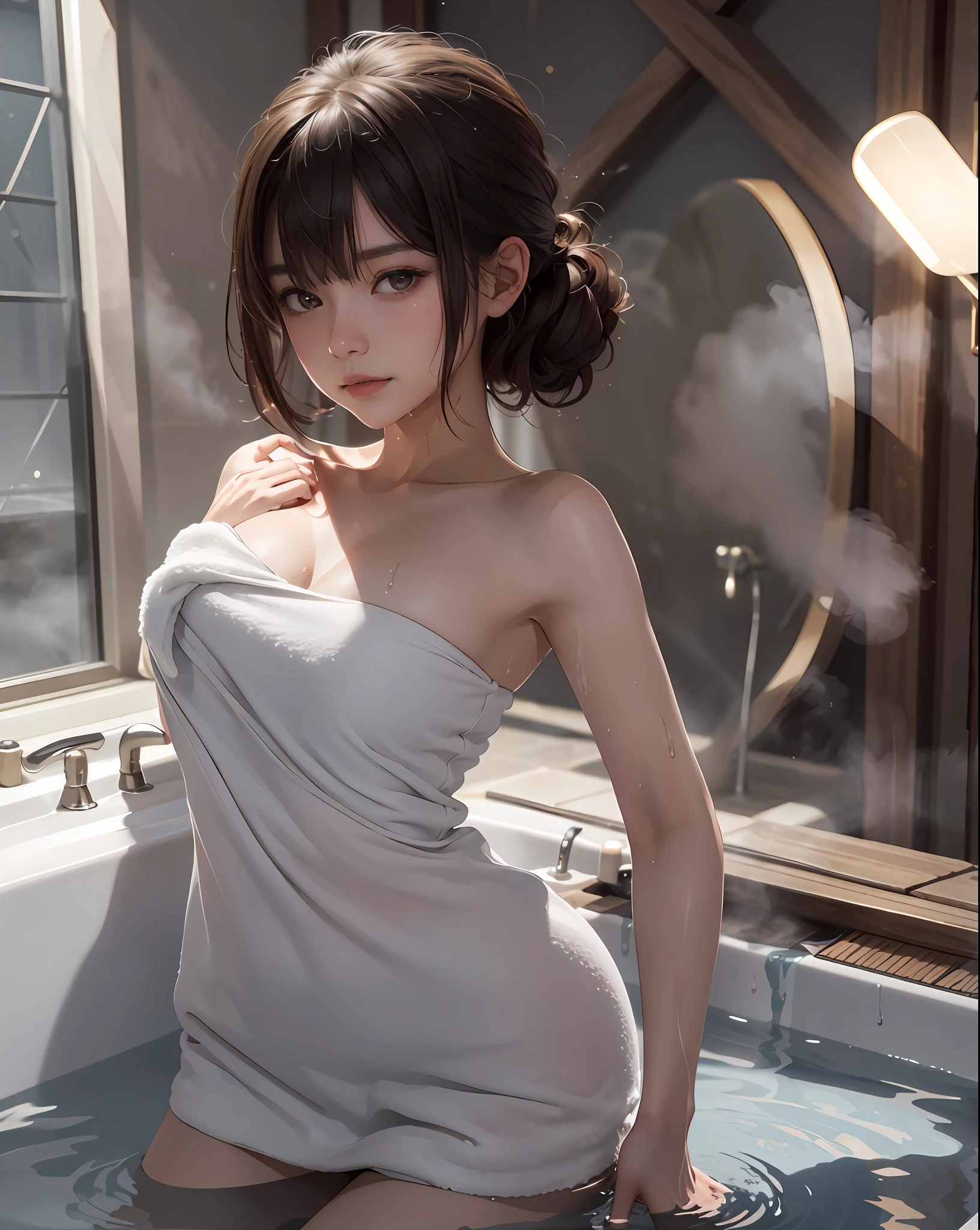 1girll，In the bath，Banana in hand，Delicate and beautiful face,Various hairstyles，crisp breasts，Convex buttocks，Wrapped in a soaked bath towel，perfectly proportioned, 浴室，vapour，bathtub，Cinematic lighting, filmgrain, Fujicolor, lightand shade contrast, 8K, 巨作, Textured skin, Super detail, hoog detail, High quality, A high resolution,