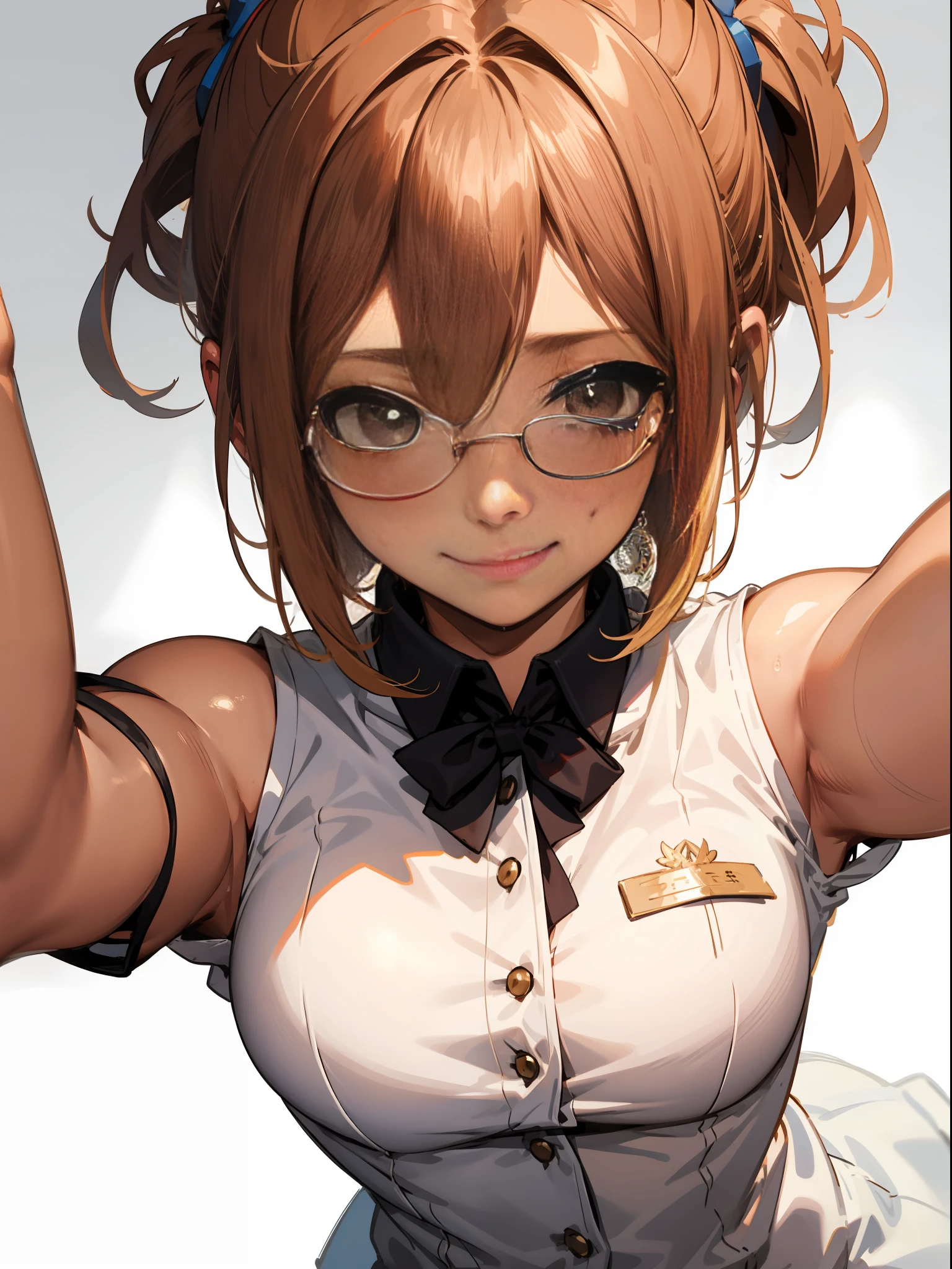 tmasterpiece, hyper qualit, ultra detali, Perfect drawing, solo, The whole body is like a beautiful, crisp breasts, Fluffy breasts, H cup bust, bust up, bulging bust top, Blush, Sweat, Moist eyes, Detailed drawing, precise drawing, bobby, vest, uniform, special, Glasses, brown tanned skin, slit eyes, Long eyelashes, Cheeky smile