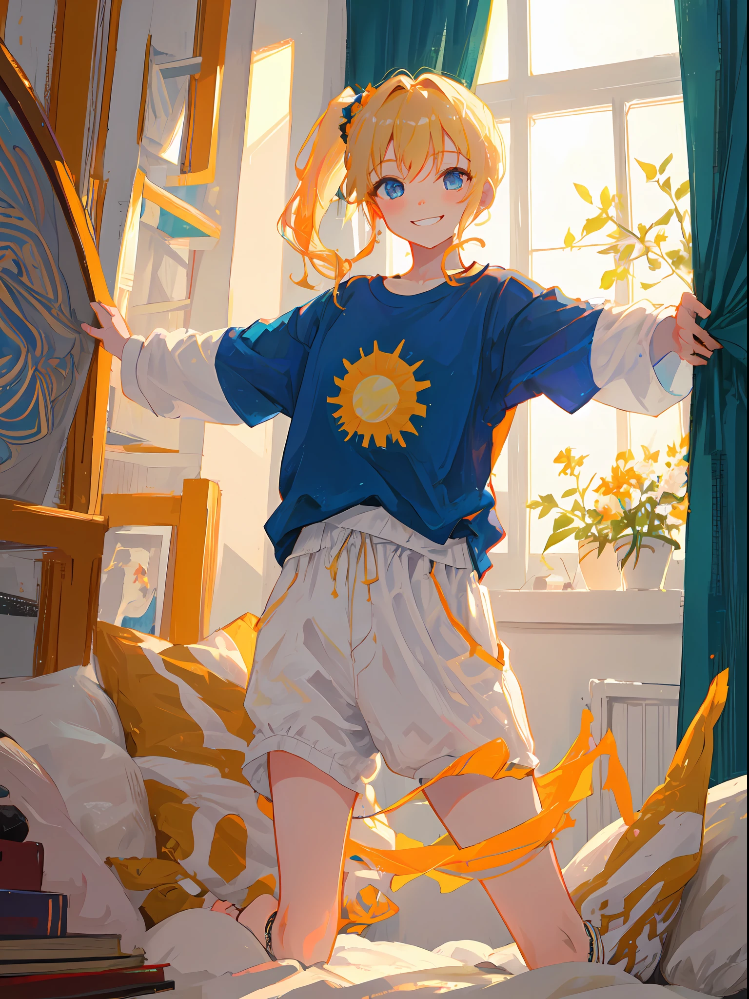 ideal morning theme, orange and white, calm and relaxed character, smiling, comfortable soft casual morning clothes, blonde loose ponytail medium hair, blue eyes, getting out of bed and stretching pose, bright morning sun shining through the window of the bedroom background,