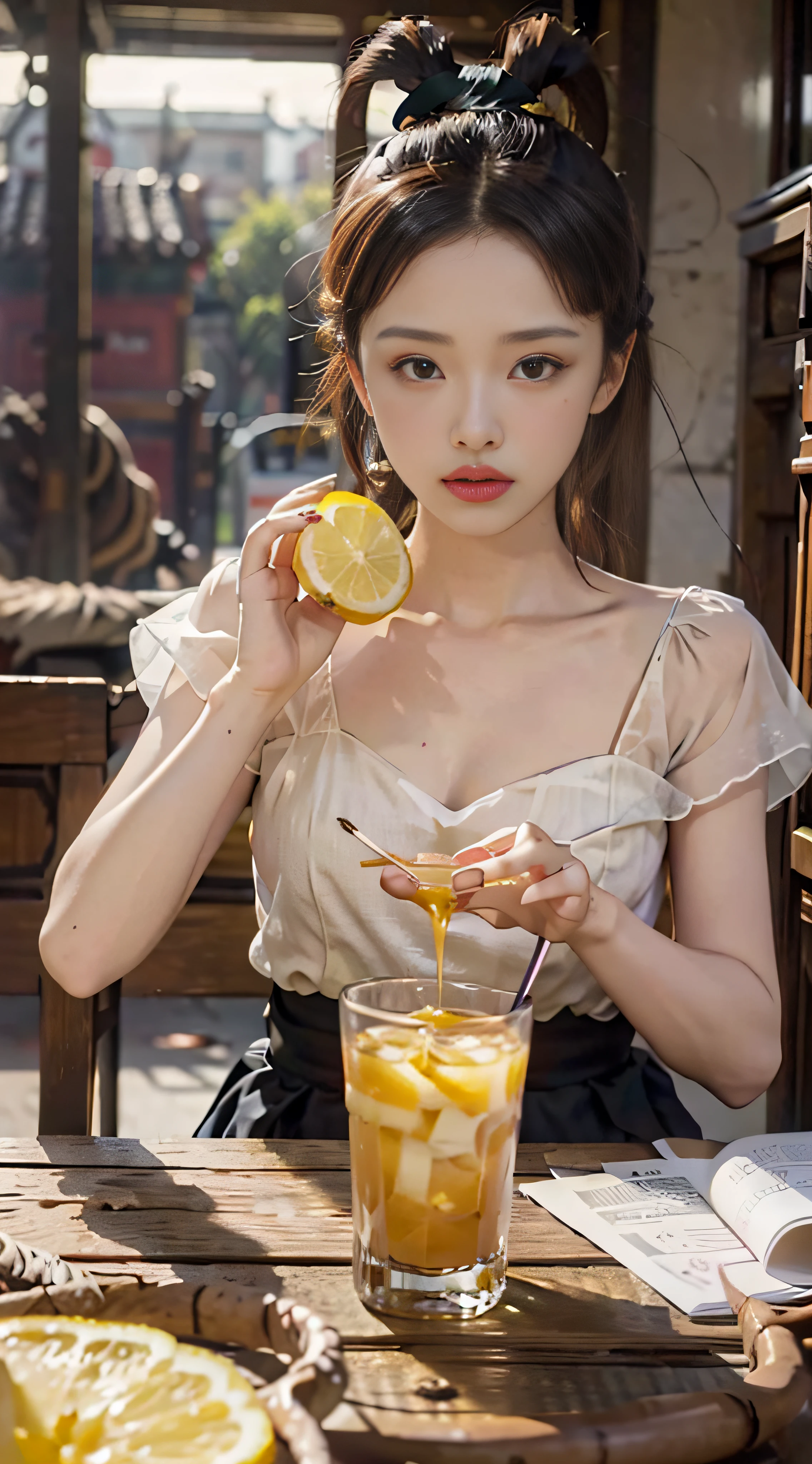 demi-corps，OriginalPhoto，At the empty table，Drink lemon juice，