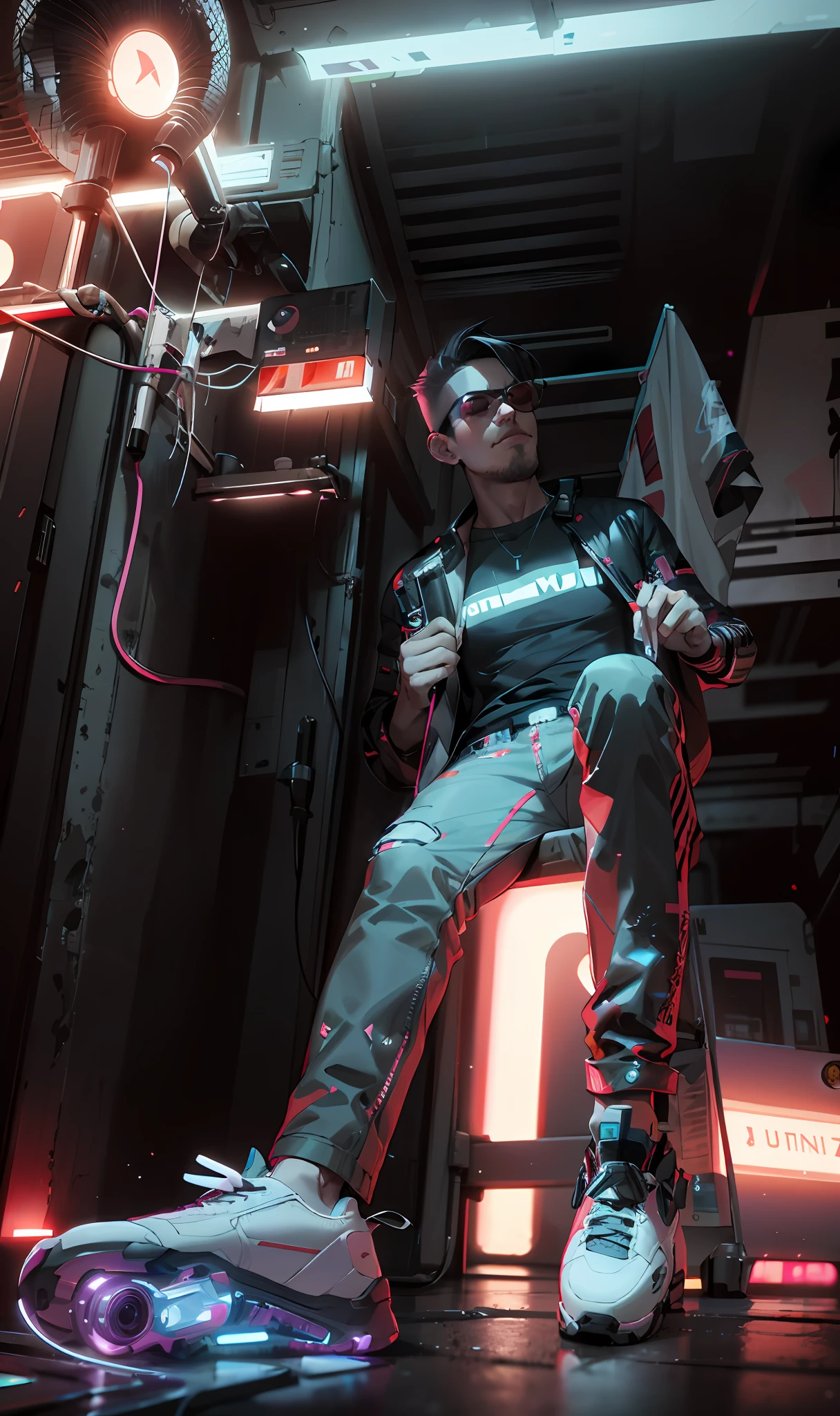 there is a man sitting on a skateboard in a room, cyberpunk art ultrarealistic 8k, hyper-realistic cyberpunk style, cyberpunk 8 k, in cyberpunk style, cyberpunk dude, cyberpunk with neon lighting, cyberpunk lighting, style of cyberpunk 2 0 7 7, has cyberpunk style, cyberpunk wearing, cyberpunk photo, cyberpunk streetwear, cyberpunk style ， hyperrealistic, wearing cyberpunk streetwear