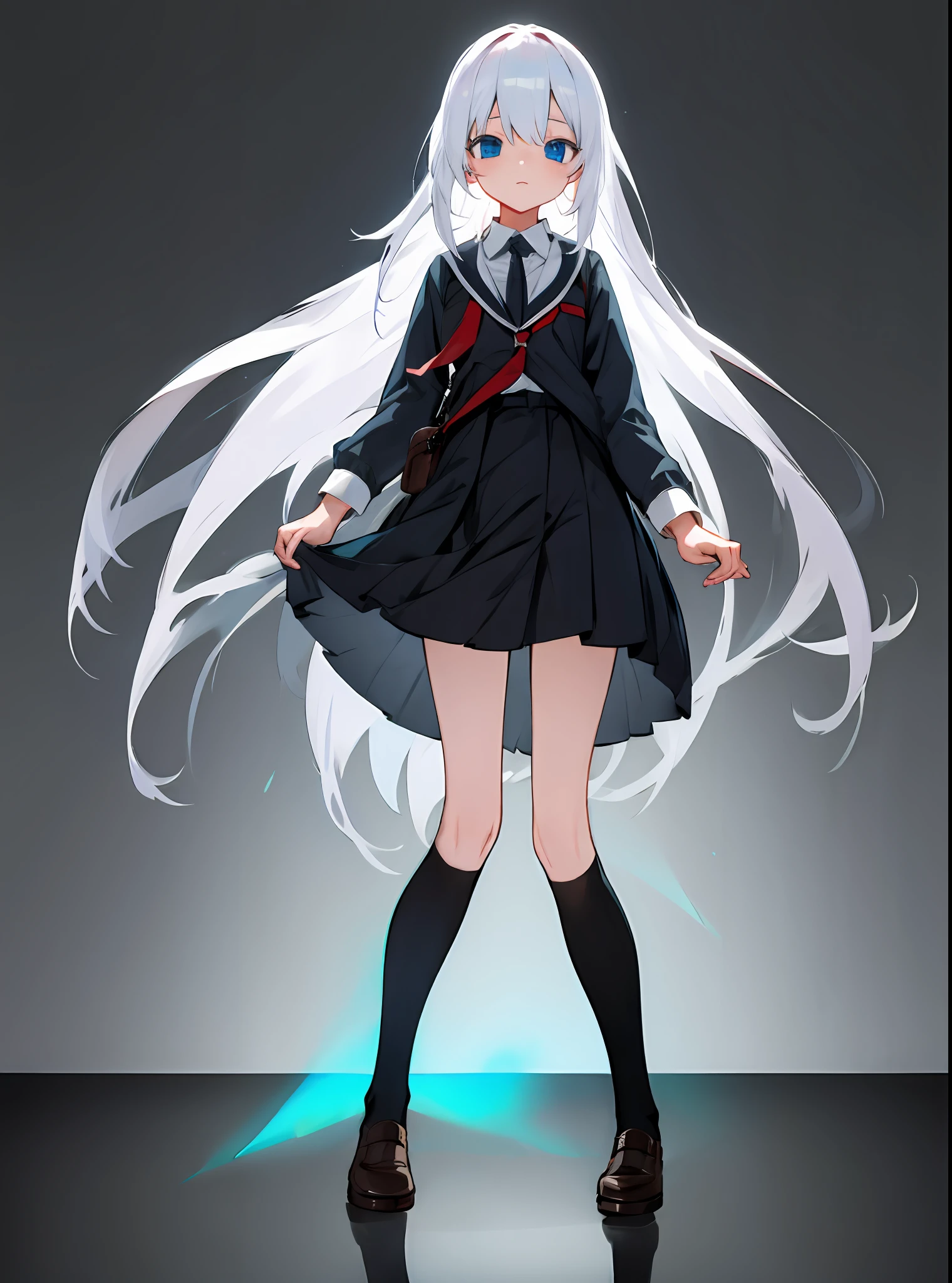 White hair，Black tights，schoolgirls，eBlue eyes，A high resolution，Long hair，white backgrounid