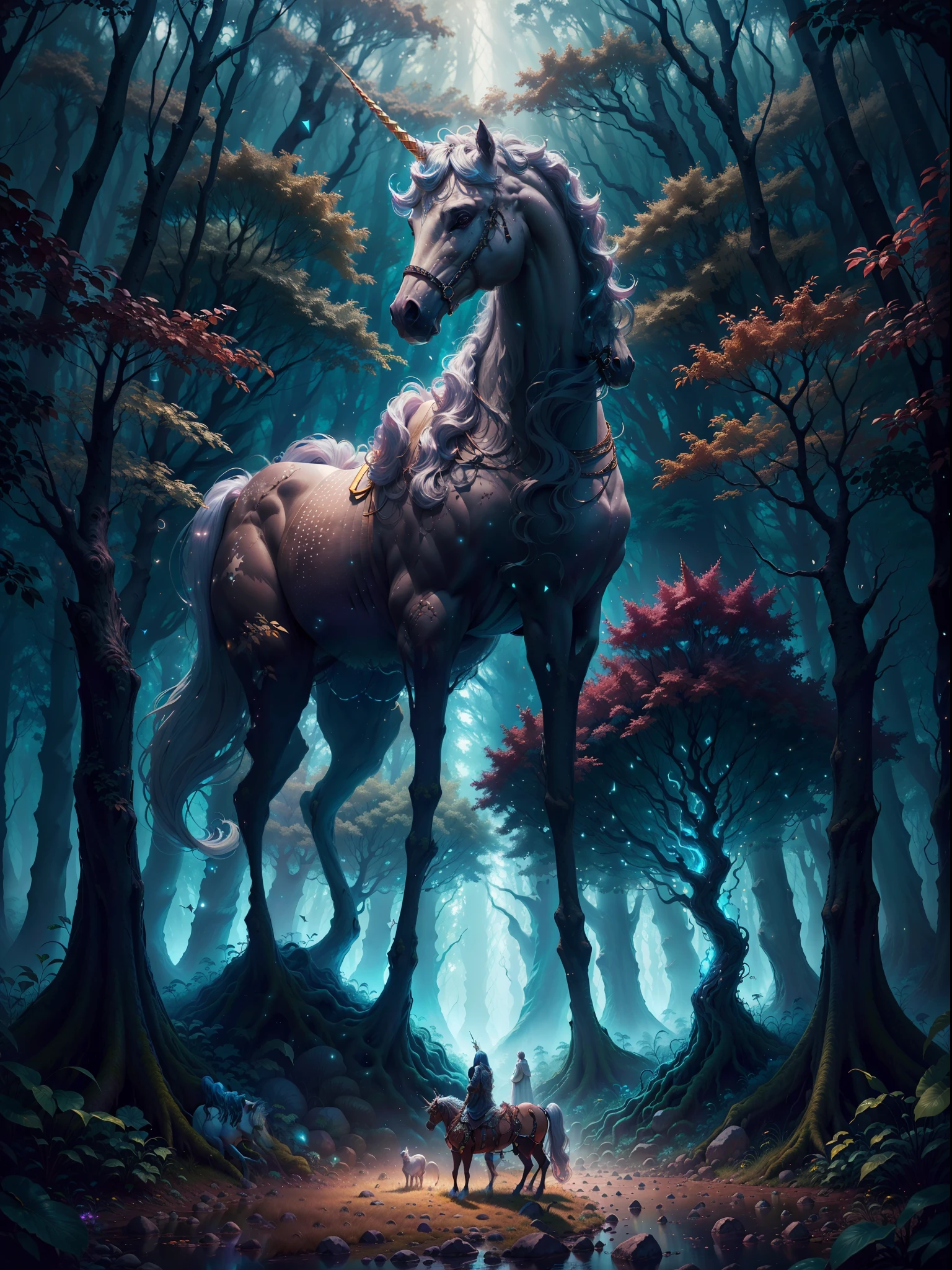 Fantasy00d， Unicorns and maidens，（（outside）），（（（Deep forest）））， The Holy Light shines，Light portrayal is enhanced，Ray traching，super-fine，offcial art，masterece-piece，tmasterpiece，16K resolution，high qulity，Hyper-realistic