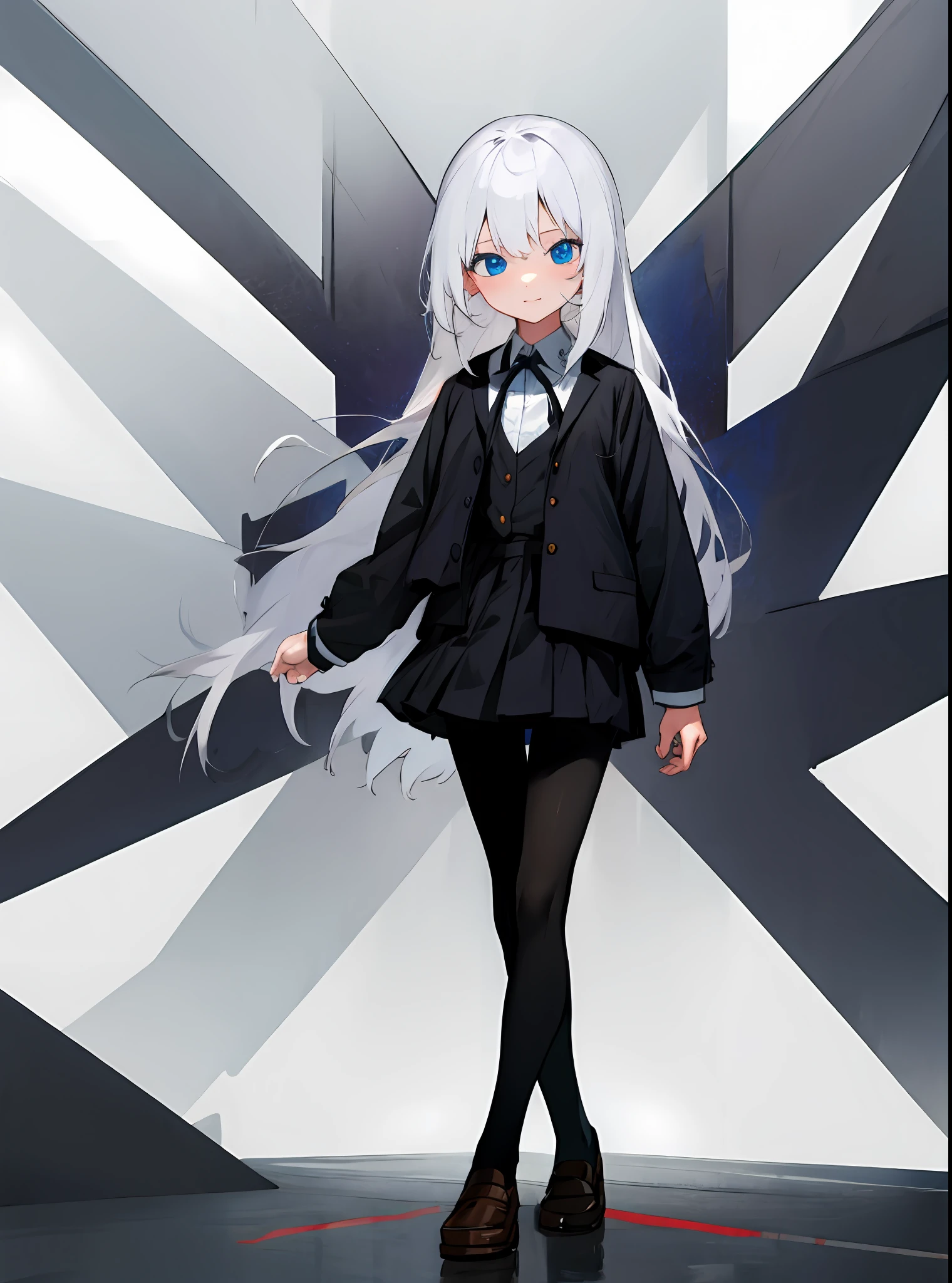 White hair,Black tights,schoolgirls,eBlue eyes,A high resolution,Long hair,white backgrounid