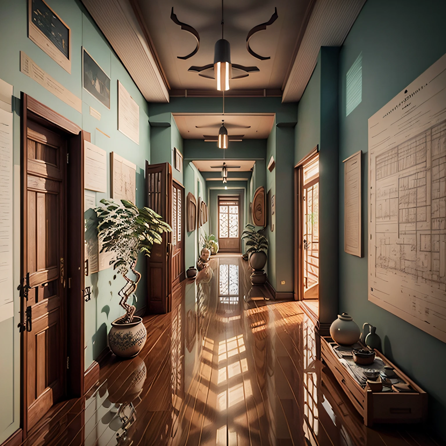 Interior design corridor floor plan, Southeast Asian style decoration, multi-angle display, 3d rendering, comfortable interior lighting, super detail, movies, furniture and windows in the evening, 8K