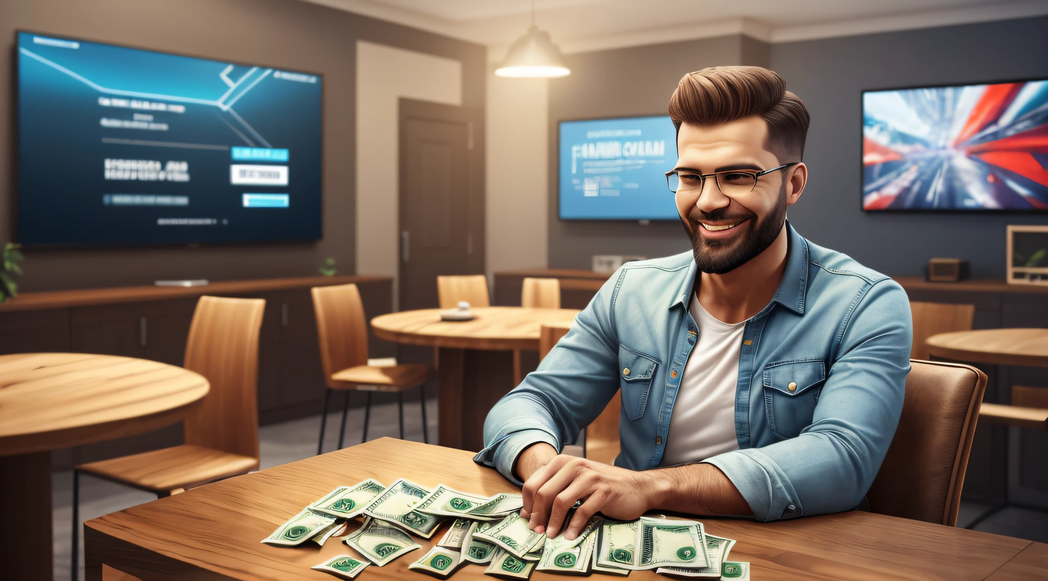 Man sitting in a chair on a table with money in hand, Rising graphics in the background, happy, high detail, Realism, Hyperrealism, Expressionism, super detail, high details, high quality, best quality, 4K --auto