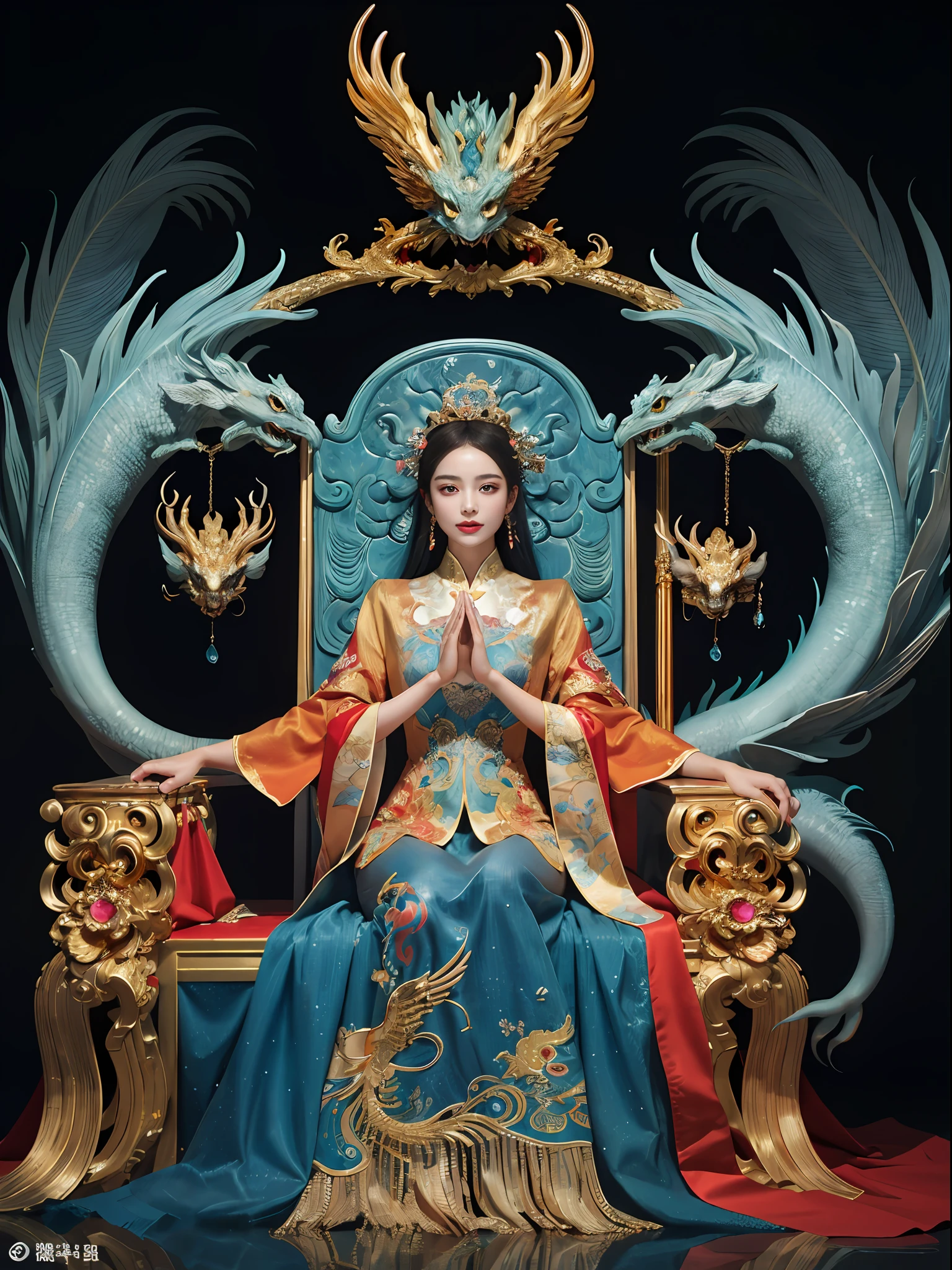 A Chinese girl sitting on a throne, a throne encrusted with precious stones, surrounded by Chinese phoenix beasts, gold and ruby color, unique monster illustration, Dau al set, high resolution, a painting, dense composition, playful repetition, precious stones, crystals, gold, detailed paintings, unique monster illustrations, super fine details, realistic, super high resolution, complex, super detail, (skin dents), cute, feminine, detailed body, (Detailed face: 1.1), (contoured iris), (watercolor lenses), (perfect eyes), 4k, gorgeous, (masterpiece: 1.2), (best quality: 1.2), gorgeous long dress, dynamic pose, rich colors, film light and shadow，red and golden clothes