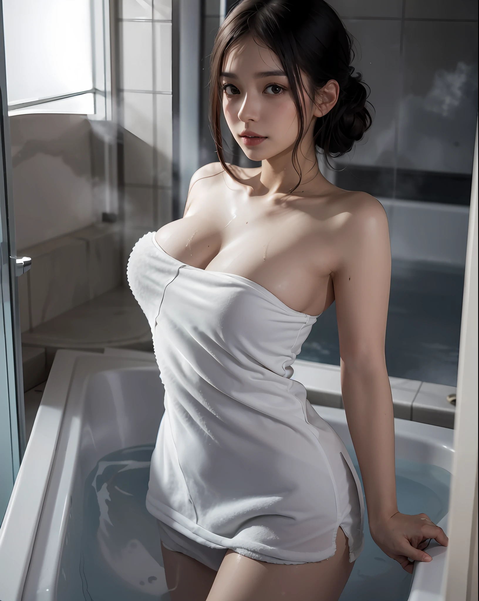 1girll，In the bath，Banana in hand，Delicate and beautiful face,Various hairstyles，crisp breasts，Convex buttocks，Wrapped in a soaked bath towel，perfectly proportioned, 浴室，vapour，bathtub，Cinematic lighting, filmgrain, Fujicolor, lightand shade contrast, 8K, 巨作, Textured skin, Super detail, hoog detail, High quality, A high resolution,