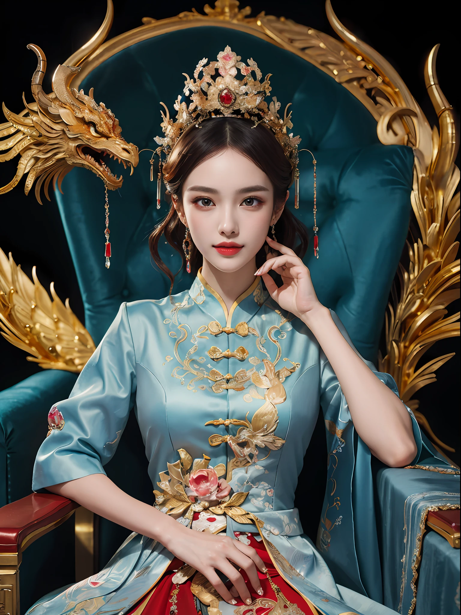 A Chinese girl sitting on a throne, a throne encrusted with precious stones, surrounded by Chinese phoenix beasts, gold and ruby color, unique monster illustration, Dau al set, high resolution, a painting, dense composition, playful repetition, precious stones, crystals, gold, detailed paintings, unique monster illustrations, super fine details, realistic, super high resolution, complex, super detail, (skin dents), cute, feminine, detailed body, (Detailed face: 1.1), (contoured iris), (watercolor lenses), (perfect eyes), 4k, gorgeous, (masterpiece: 1.2), (best quality: 1.2), gorgeous long dress, dynamic pose, rich colors, film light and shadow，red and golden clothes