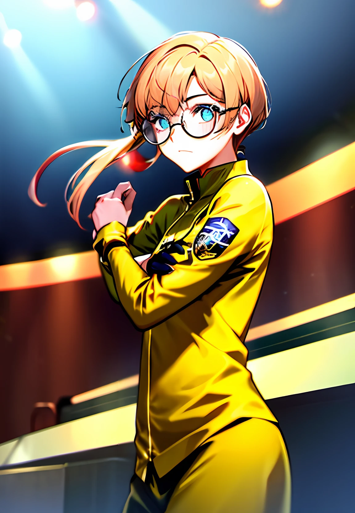 gold-wire glasses，pupils，Straight hair over the shoulders，Have a sporting temperament