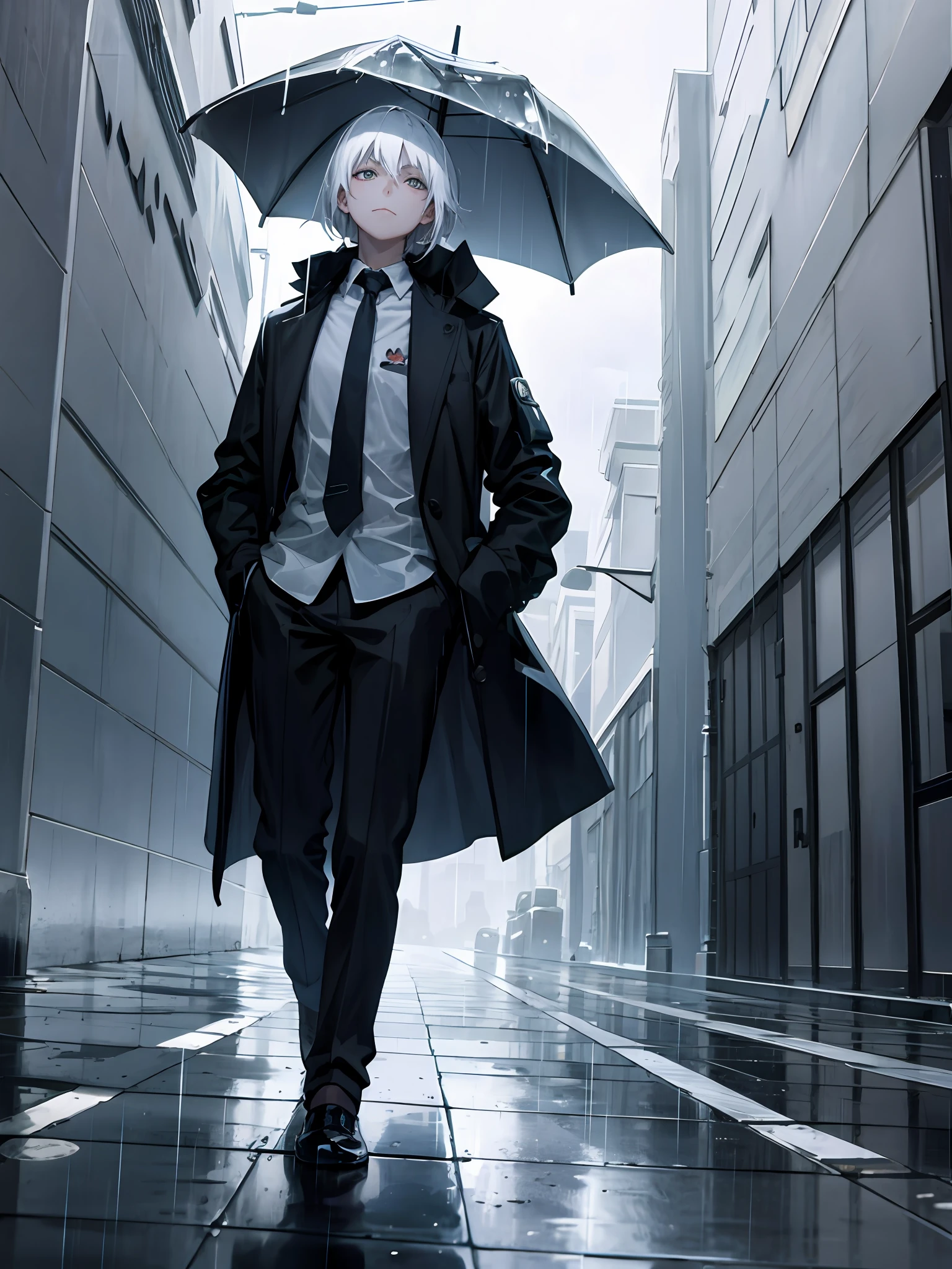 The white-haired boy stood in the rain