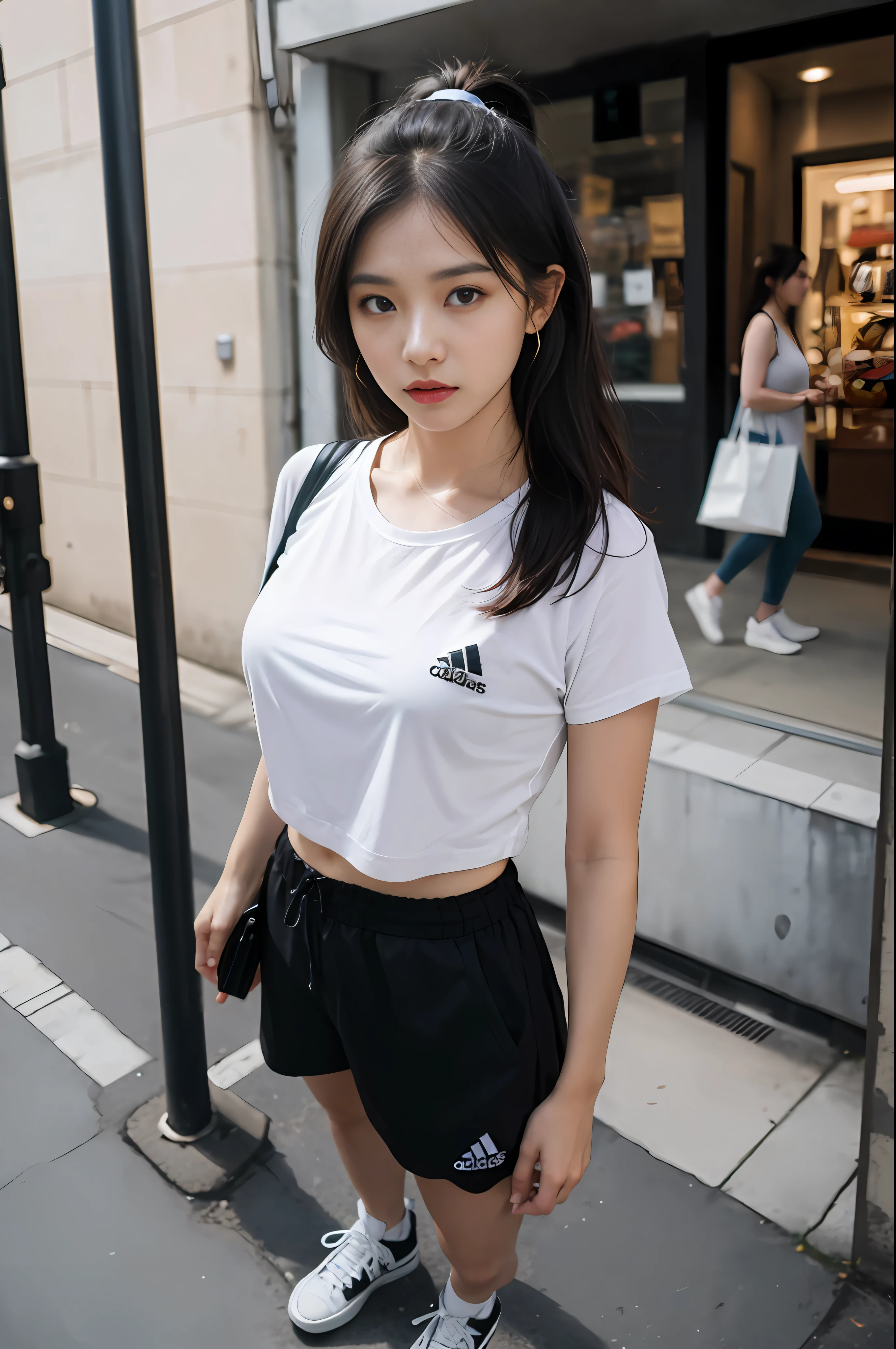 ((masterpiece)), (ultra detailed), ((realistic)), (better Quality), 1girl, Beutiful women, glamour Face, Realistic Girl, 8K, 4K, Photography, fashion Model, Adidas Brand, Adidas Realistic Outfit, Model Pose, A woman wearing an Adidas outfit, Jordan shoes, (((full body:1.0))), long hair, hair band, and a beautiful face, is going shopping in a crowded street. The focus is on her, and the photography style is street photography. 8K, Photography, blurry background, Soft Light, (High Quality:1.2), 8K Smooth, Clear Facial features, Ultra Realistic, (Ultra Detailed:1.4), (Ultra Realistic:1.4), (photorealistic:1.4), realistic, photography, photoreal, (high definition :1.0),(Realism:1.4), Waist Shot(WS), (Realistic skin:1.4), (Exquisite and clear portrait:1.4), (high resolution:1.4),