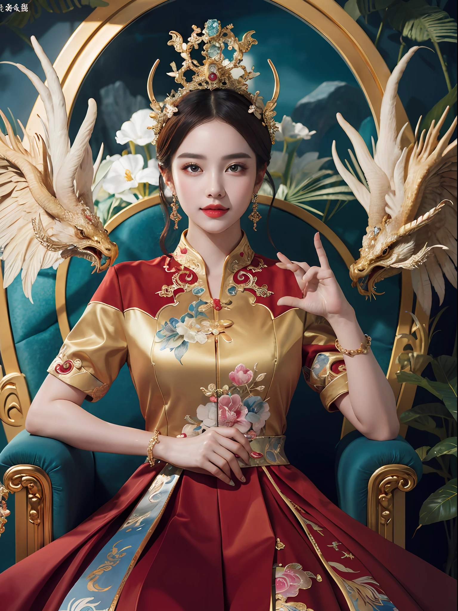 A Chinese girl sitting on a throne, a throne encrusted with precious stones, surrounded by Chinese phoenix beasts, gold and ruby color, unique monster illustration, Dau al set, high resolution, a painting, dense composition, playful repetition, precious stones, crystals, gold, detailed paintings, unique monster illustrations, super fine details, realistic, super high resolution, complex, super detail, (skin dents), cute, feminine, detailed body, (Detailed face: 1.1), (contoured iris), (watercolor lenses), (perfect eyes), 4k, gorgeous, (masterpiece: 1.2), (best quality: 1.2), gorgeous long dress, dynamic pose, rich colors, film light and shadow，red and golden clothes