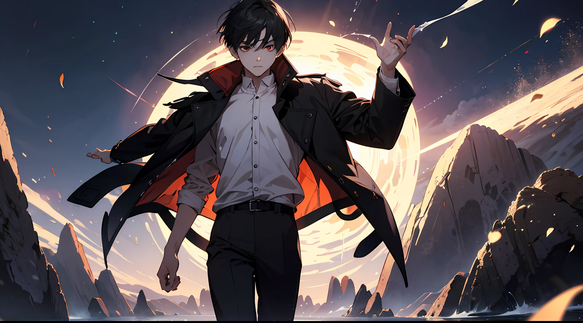 (absurderes,A high resolution),16k,(panorama),younge boy,shoun,red - eyed,bob-cut hair,A dark-haired,Black coat,White underwear,extreme hight detail,salama,magia,French formation,Exaggerated light,shine,Magic,Floating,eventide