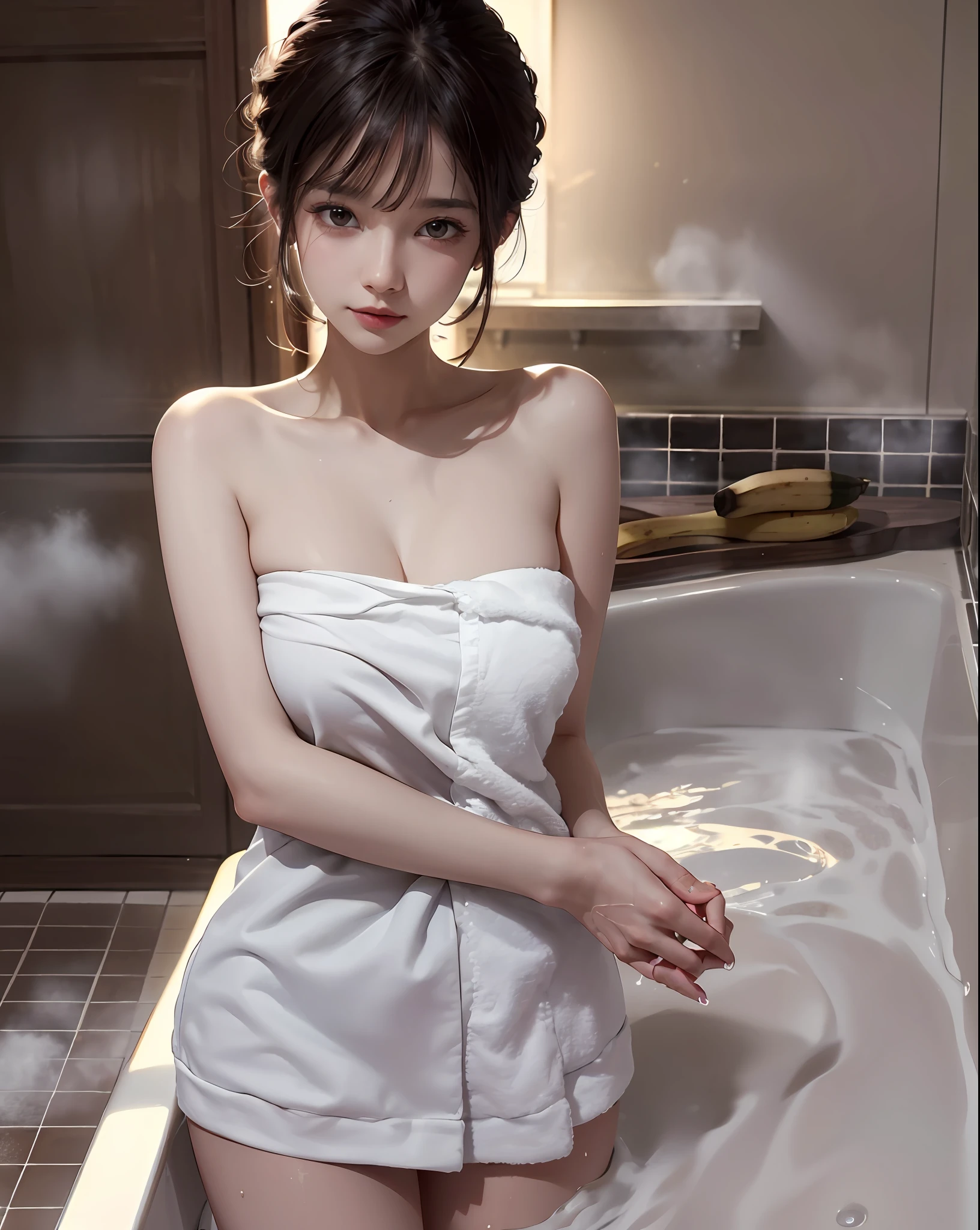 1girll，In the bath，Banana in hand，Delicate and beautiful face,Various hairstyles，crisp breasts，Convex buttocks，Wrapped in a soaked bath towel，perfectly proportioned, 浴室，vapour，bathtub，Cinematic lighting, filmgrain, Fujicolor, lightand shade contrast, 8K, 巨作, Textured skin, Super detail, hoog detail, High quality, A high resolution,