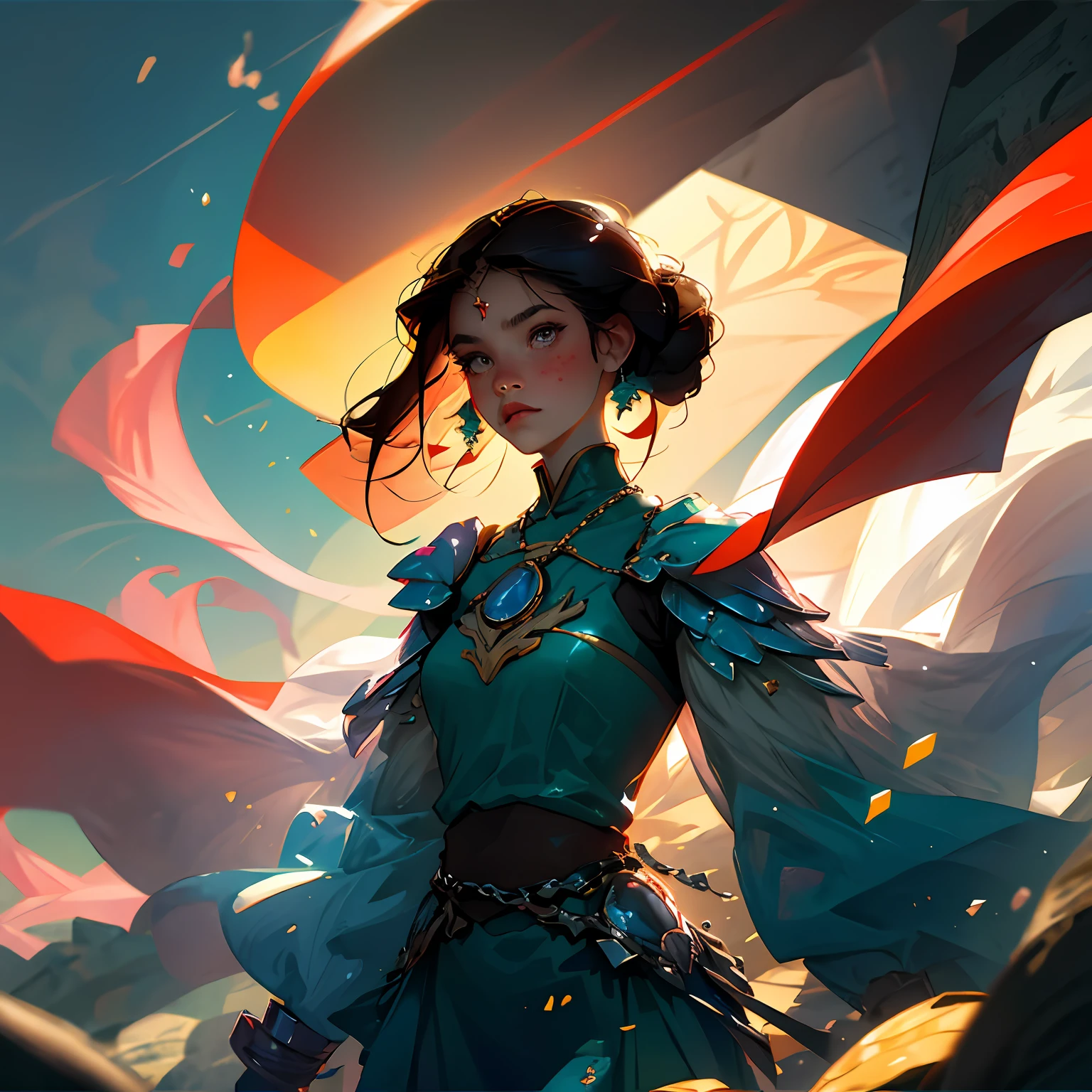 （best qualtiy，tmasterpiece：1.3），1girll，lewd poses，Particle，winds，Upper body body，simple backgound，looking looking at viewer，Focus on the face，（India）Children of the quacks，Female Warrior，Upper body body，ink wash style，Forget the sky at the top of the mountain，Just a defeated female warrior