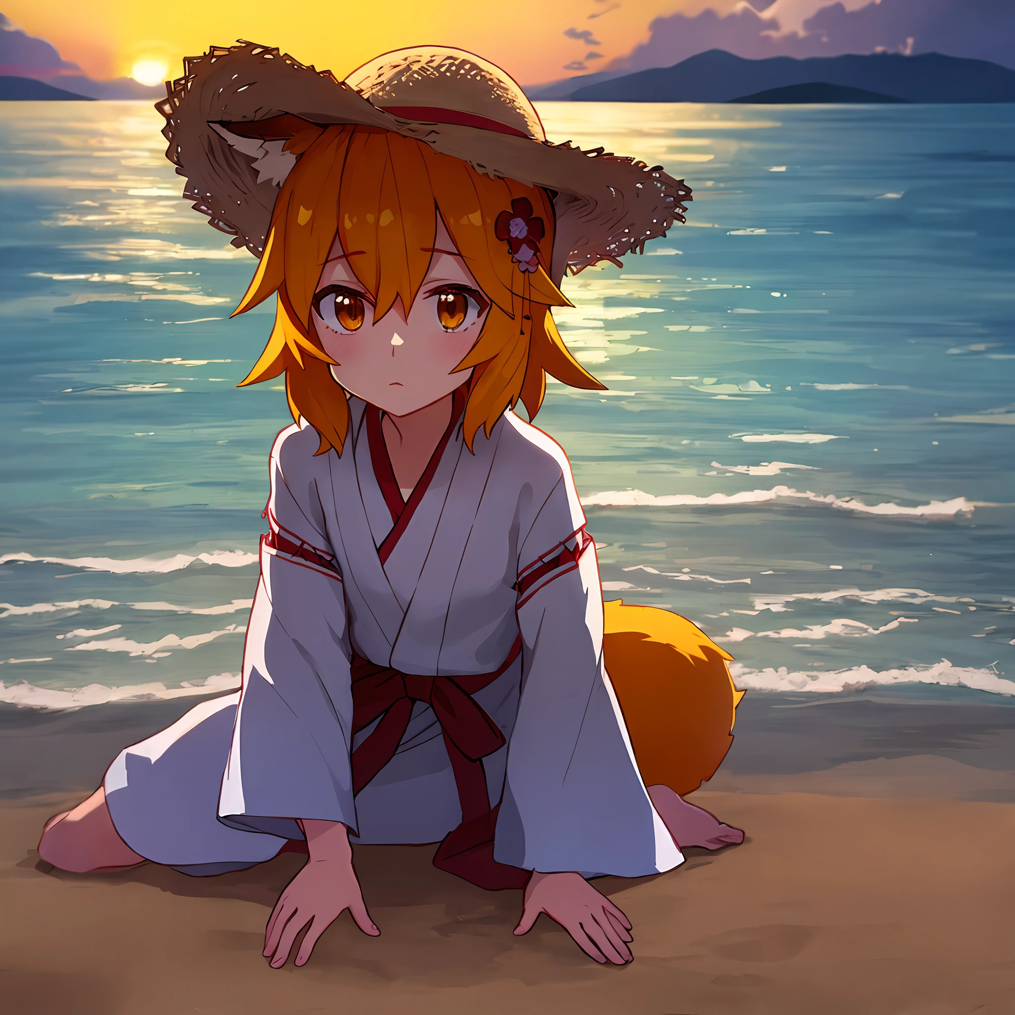 ultra-detailed, (detailed light:1.05), detailed background, detailed face, detailed eyes, sen, animal ears, fox ears, fox girl, fox tail, hair flower, hair ornament, orange eyes, orange hair, short hair, tail, flat chest, 1 girl, solo, kimono, miko, sun day, kneeling, sea far, summer, beach, stands on the sand, in a bathing suit, straw hat, sunset, sun over the sea, illustration, cinematic lighting, Futurism, backlighting, En plein air, anime style, Gothic art, Romanticism, Pixar, Futurism, backlighting, En plein air, anime style, Gothic art, Romanticism, Pixar, Futurism, backlighting, En plein air, anime style, Gothic art, Romanticism, Pixar, best quality, masterpiece, UHD