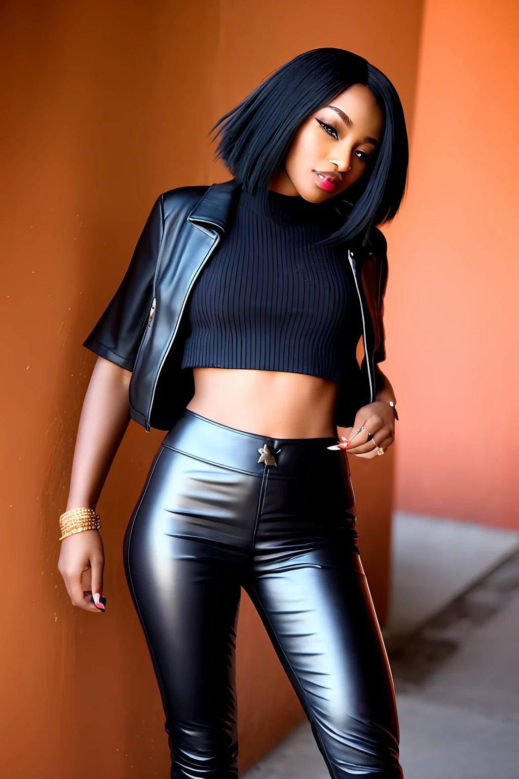 Black hair beauty in leather pants