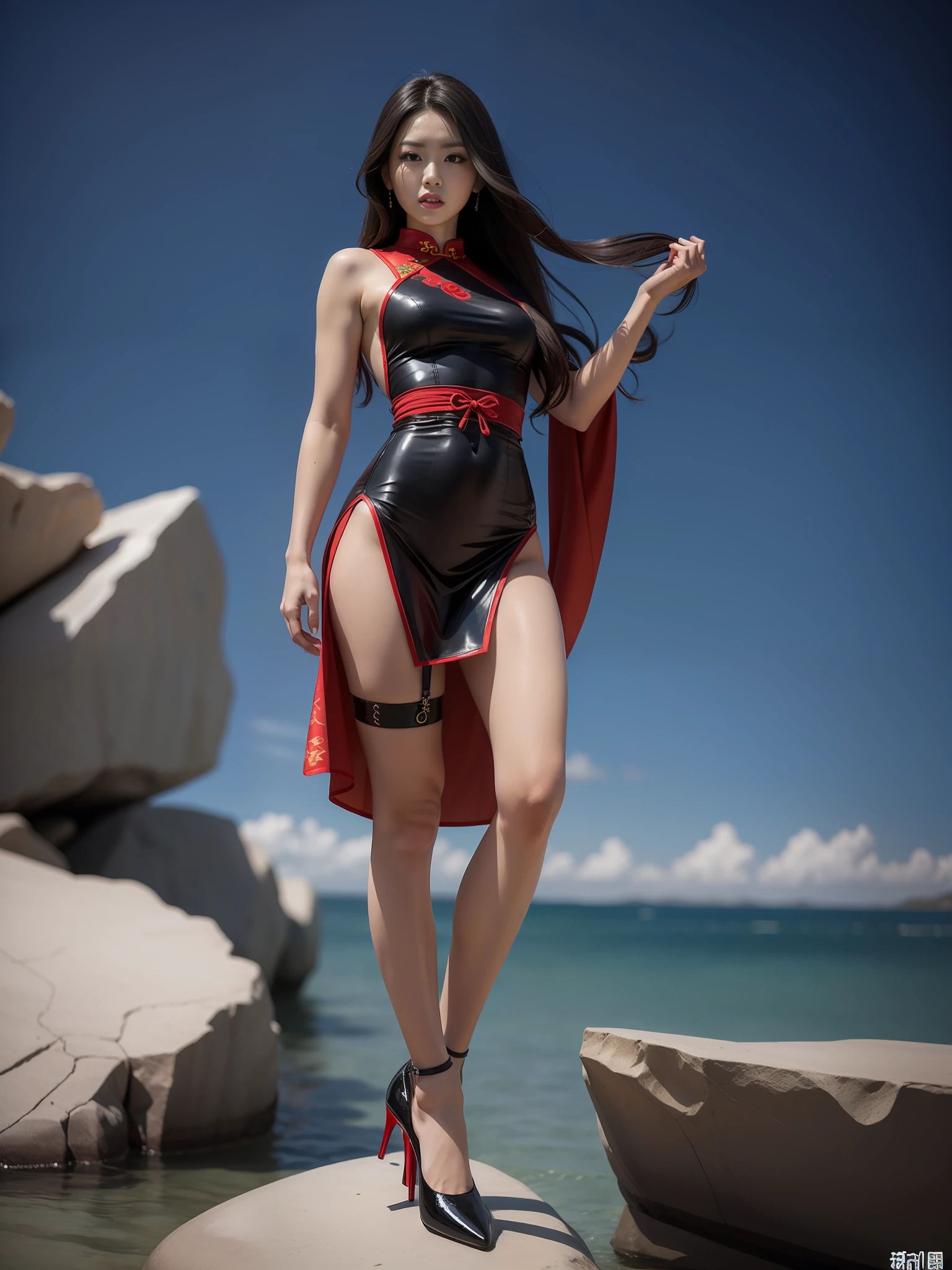 Woman in blue and red cheongsam standing on a rock by the sea, 《dragonball》Kiki in , posing ready for a fight, mai shiranui, elegant cinematic pose, fighting game character, character posing,Shawl hair,Black suspender stockings,Patent leather red soled high heels