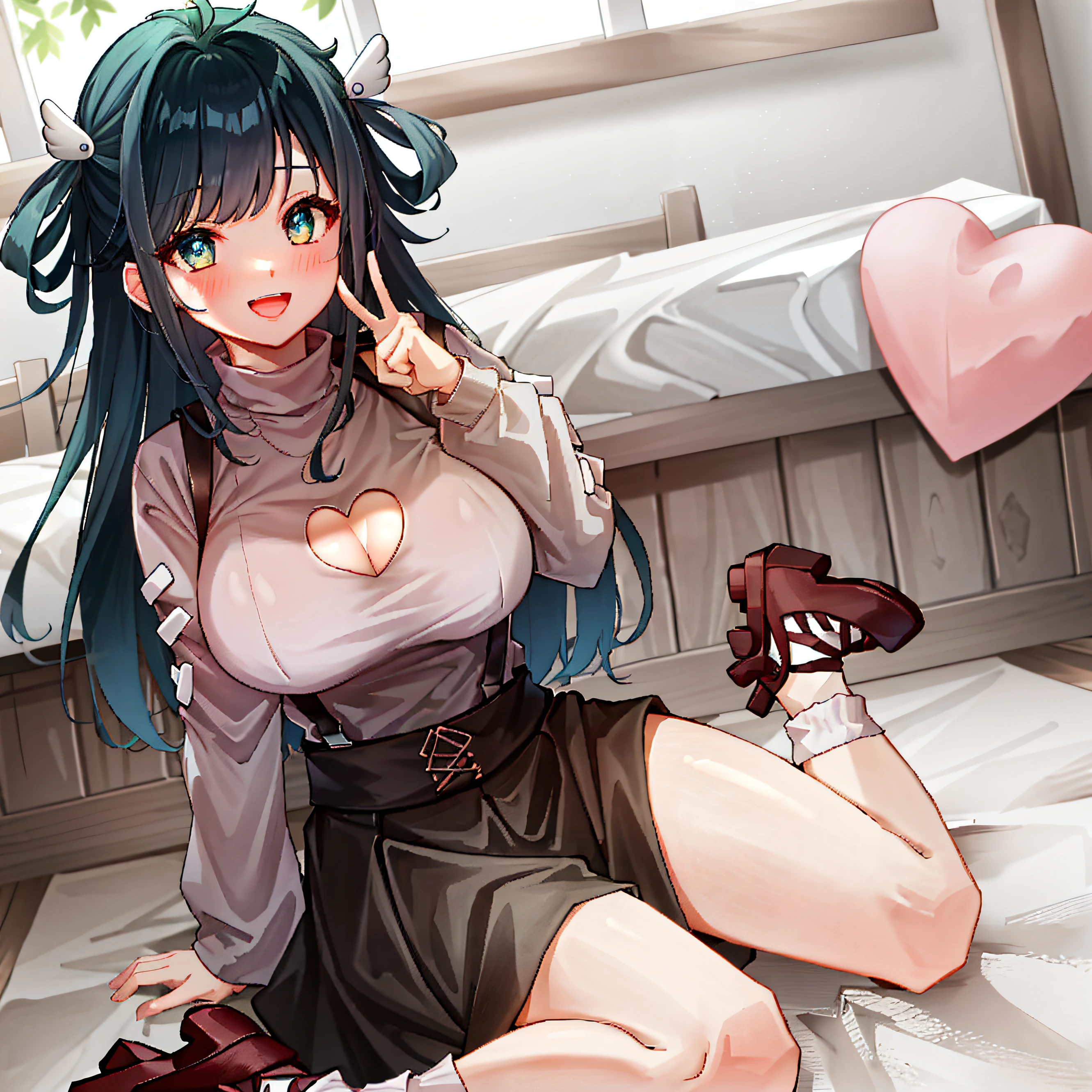 nene amano, 1girll, Breasts, solo, cleavage, Skirt, Large breasts, clothing cutout, cleavage cutout, Smile, Sitting, wariza, view the viewer, Open mouth, Black skirt, Pink shirt, Blush, Long sleeves, Socks, brownfootwear, heart cutout, Suspenders,Uma personagem feminina: She smiled brightly,The eyes are bent into a crescent moon,Revealing sweet and tender emotions。She has big bright eyes,The eyes shone with joy and pampering。A faint flush flushed on her cheeks,Exudes youthful vitality and love。