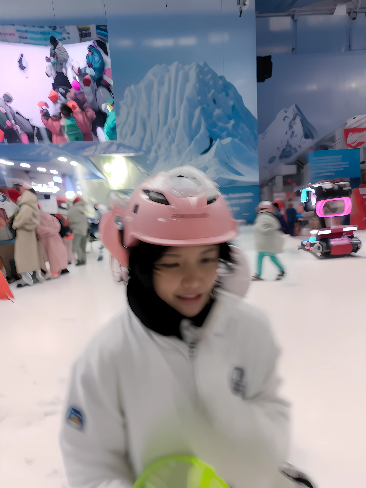 skier in white jacket and pink helmet holding a green frisbee, wearing skating helmet,, wearing her helmet, 3 6 0 capture, in an igloo, wearing a round helmet, shot on gopro9, very fuzzy, helmet on, non blurry, wearing skate helmet, She is facing the camera, pov photo