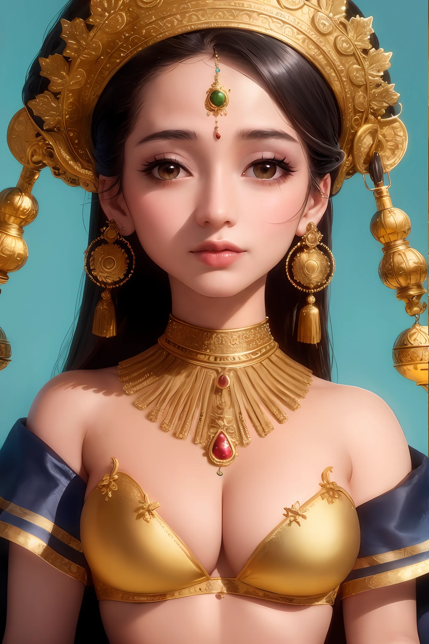 （8k，RAW photos，best qualtiy，tmasterpiece：1.2），（realisticlying，Photorealistic and realistic：1.4），（Very detailed CG unity 8k wallpaper），（1个Giant Breast Girl），dance，dunhuang_dress，dunhuang_style，dunhuang_background，Arms up，Gold ornaments，Ancient Chinese hairstyle，gossamer，Streamers，light make-up，eye shadows，Eyebrow nevi，（confront），dynamicposes，Background smoke surrounding，Red and green color scheme，Petals flying,the detail，jewelry，耳Nipple Ring，bangle，bshoulders，complex texture，bust，Play the lute