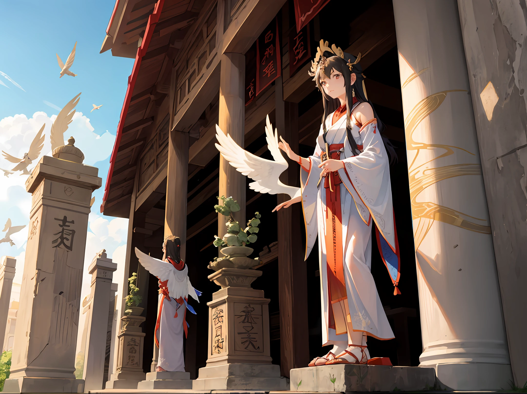 In front of the ancient shrine there is a goddess with wings flying