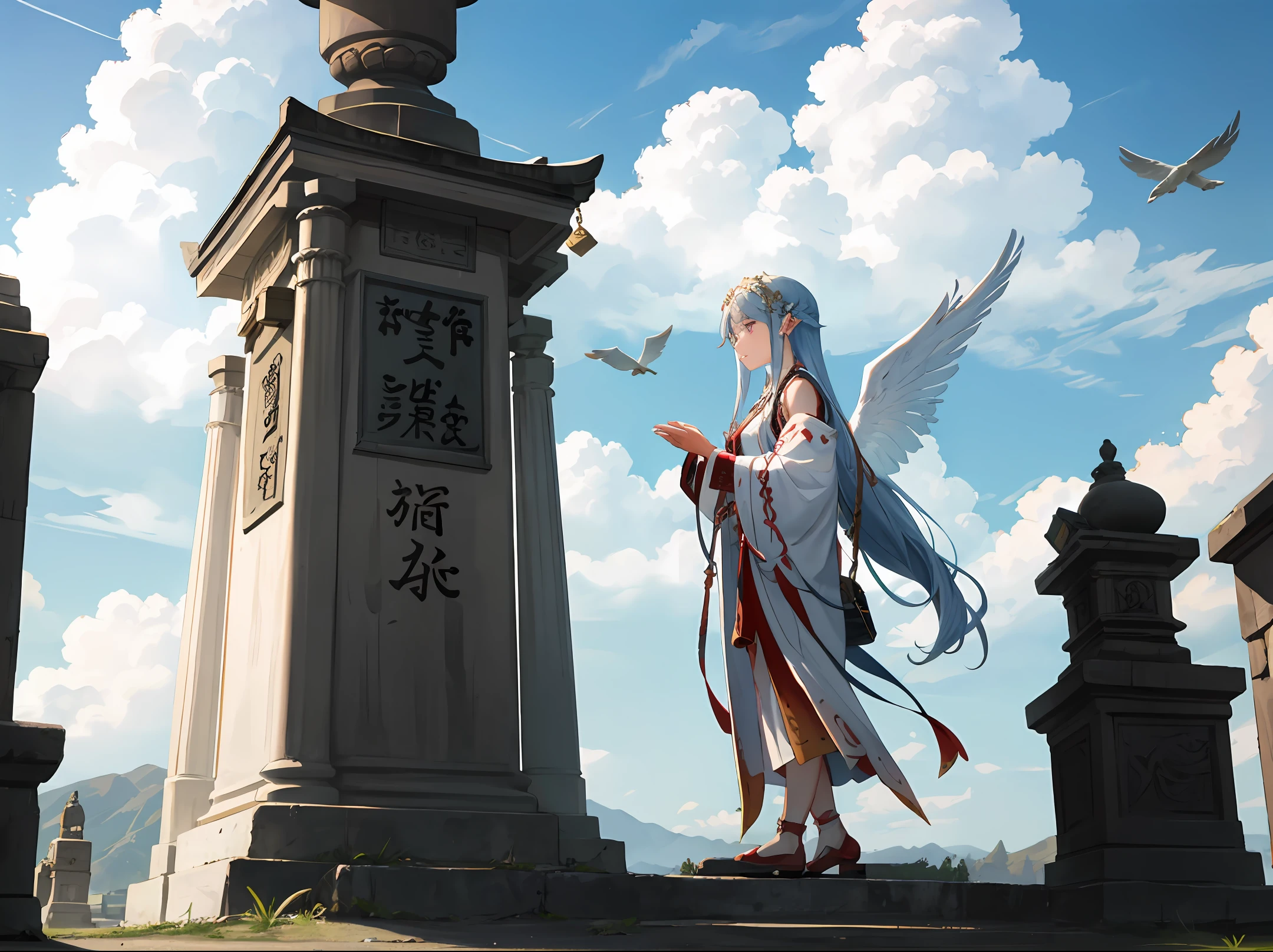 In front of the ancient shrine there is a goddess with wings flying